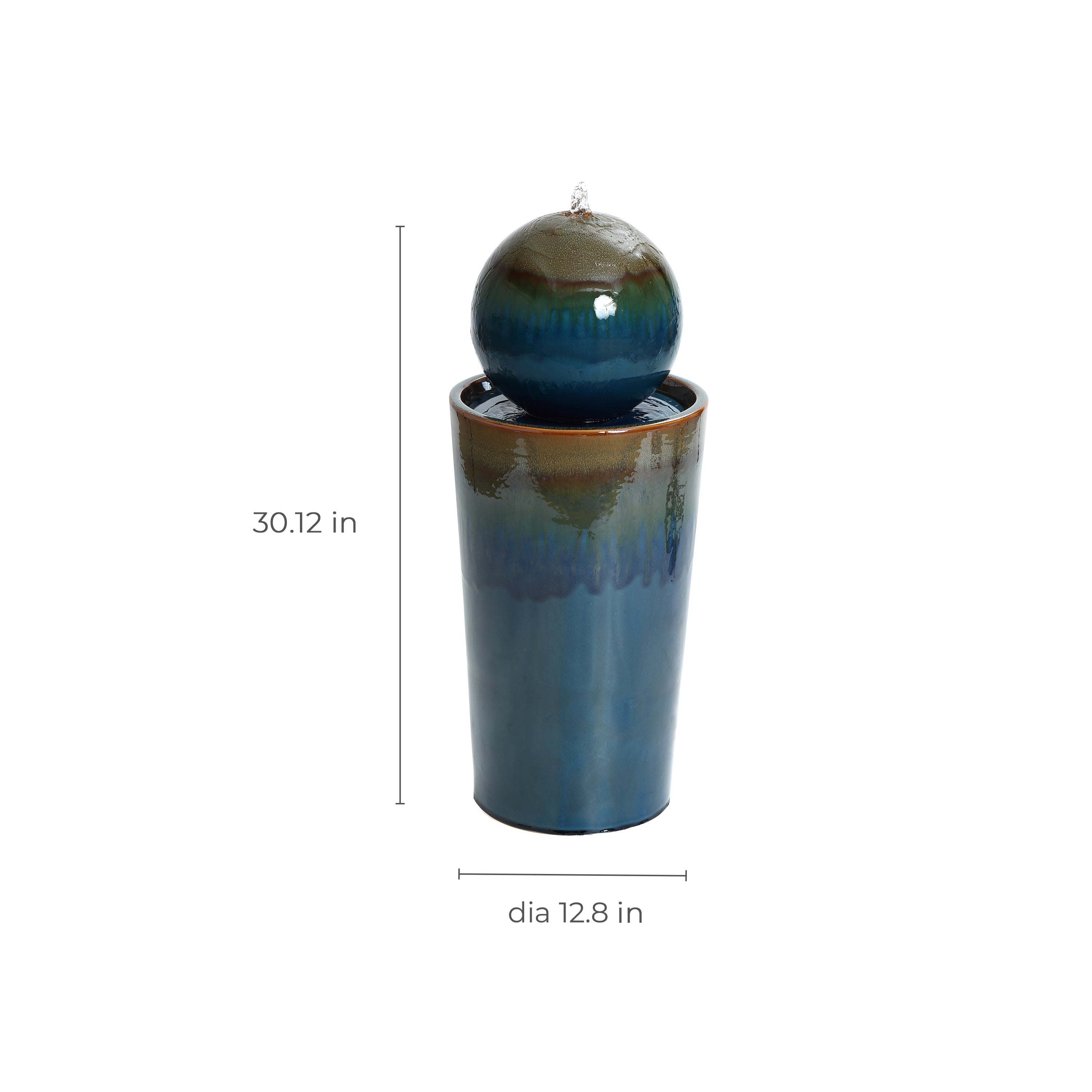 Glazed Blue and Brown Sphere on Pillar Bubbler 30-Inch Tall Ceramic Fountain