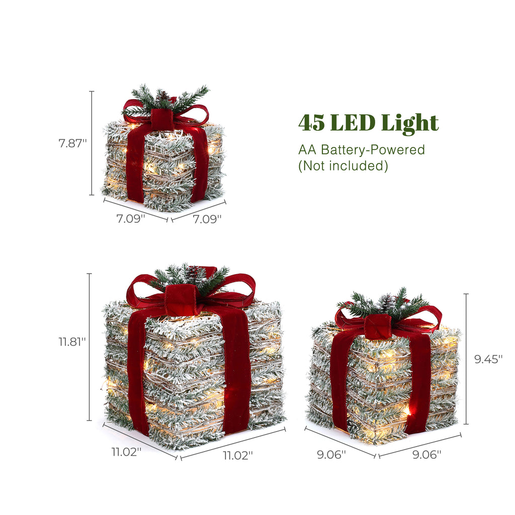3-Piece Frosted Faux Cedar Branch Giftbox Holiday Decoration Set with Lights