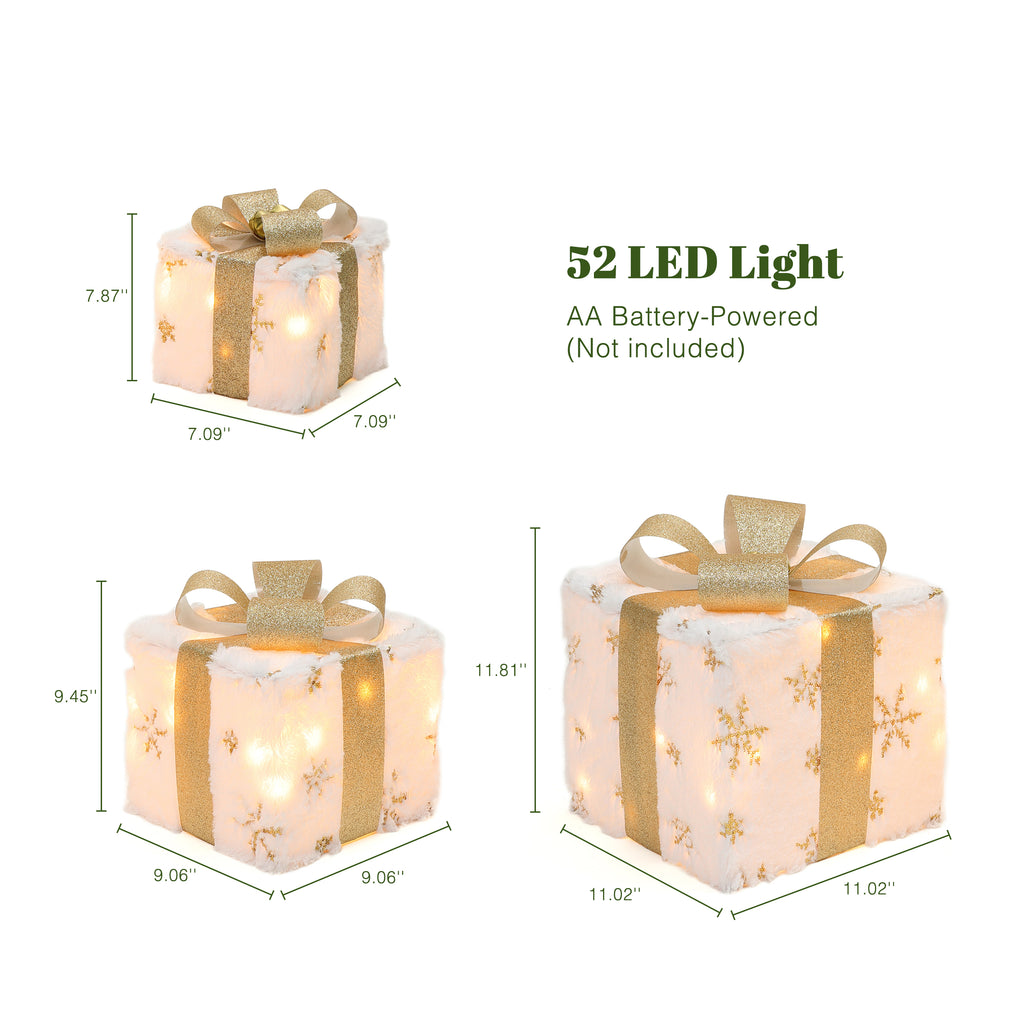 3-Piece Snowflake White and Gold Giftbox Holiday Decoration Set with Lights