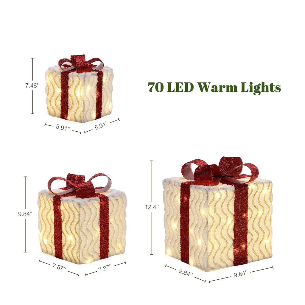 3-Piece Pre-Lit Wavy-Design Gift Box Set with Decorative Red Ribbons and Bows