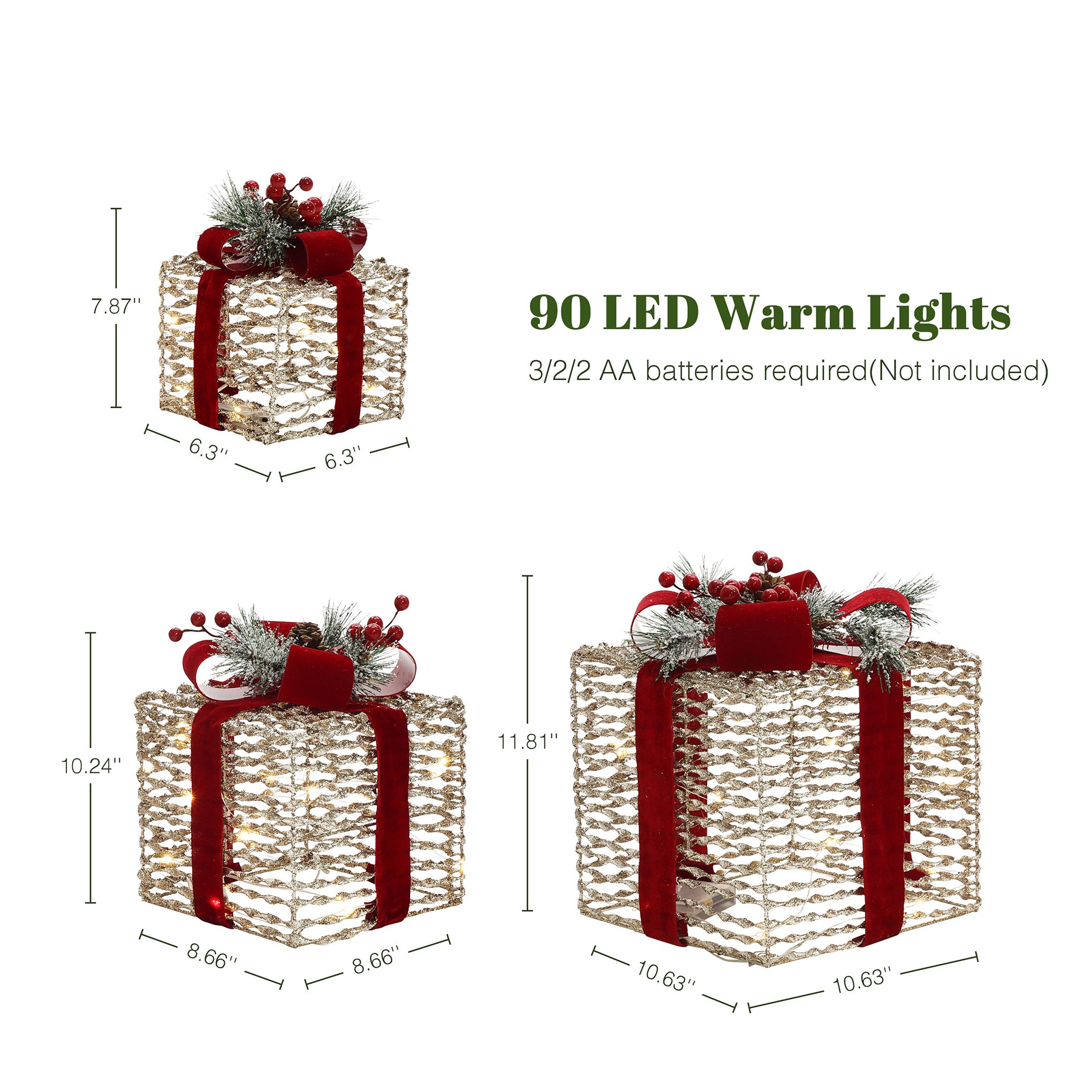 3-Piece Plastic Rattan Gift Box Set with Red Ribbon Outdoor Holiday Decoration with Lights