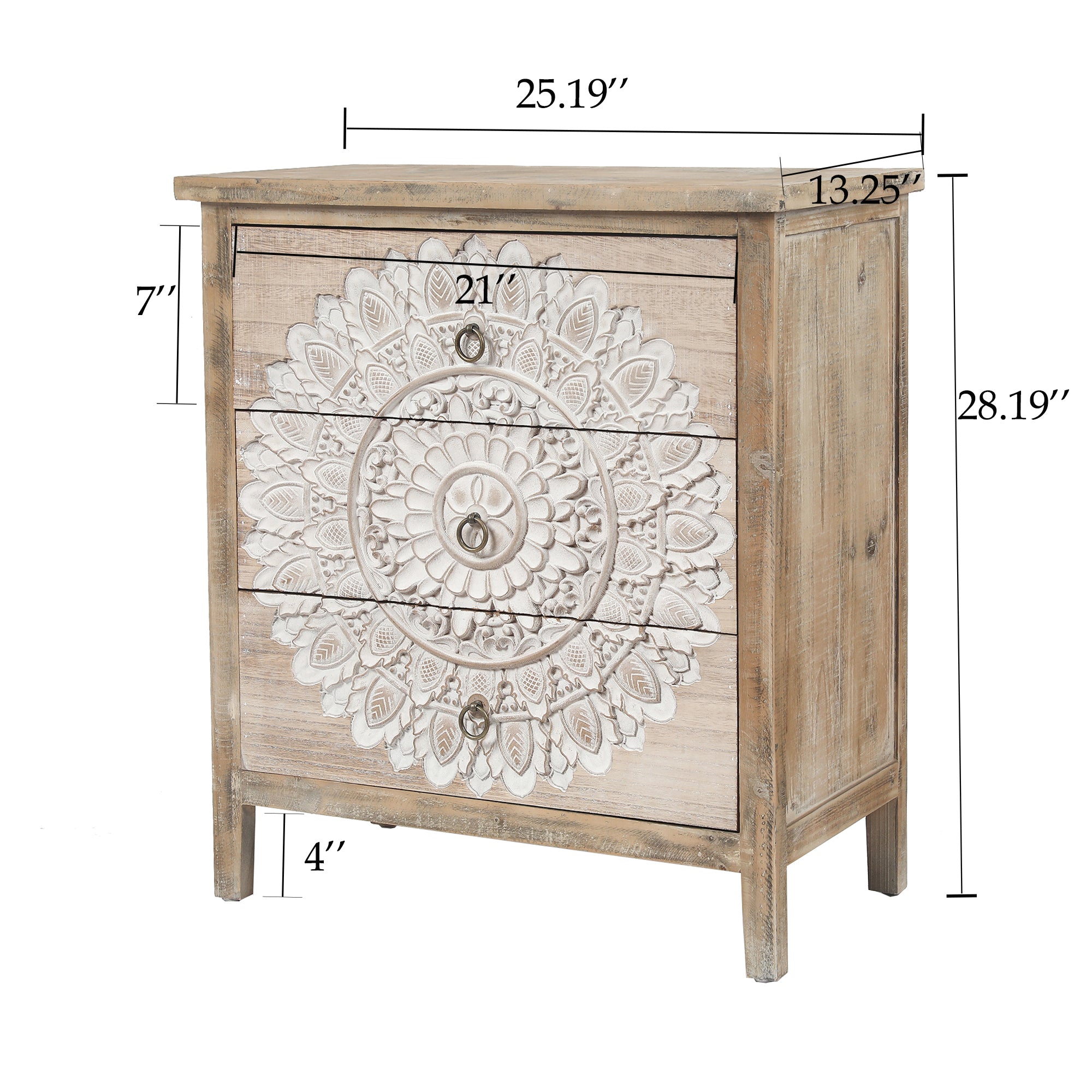 3-Drawer 28.2" H x 25.2" W Natural Wood White Floral Accent Chest