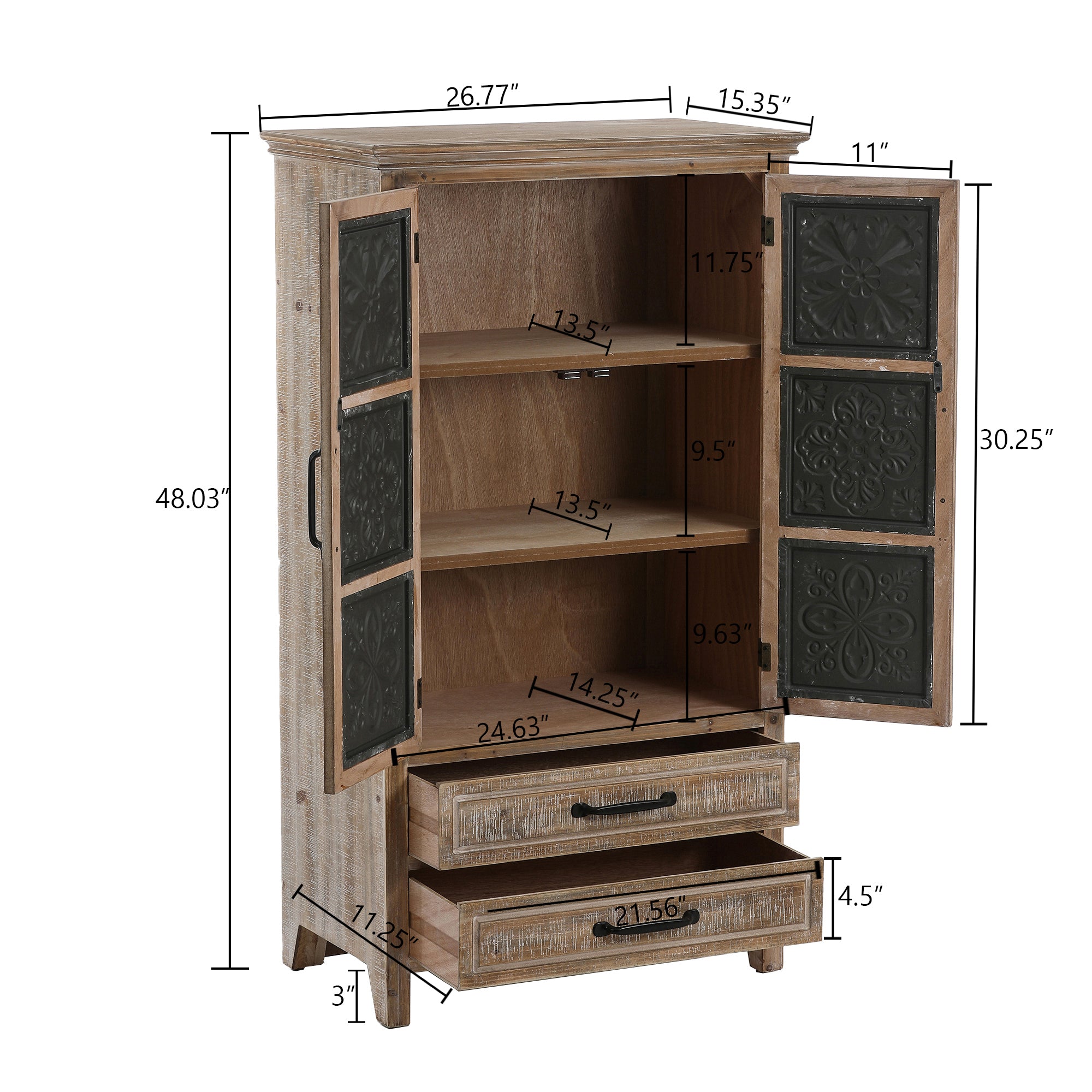Farmhouse Wood and Metal 2-Drawer 2-Door Storage Cabinet