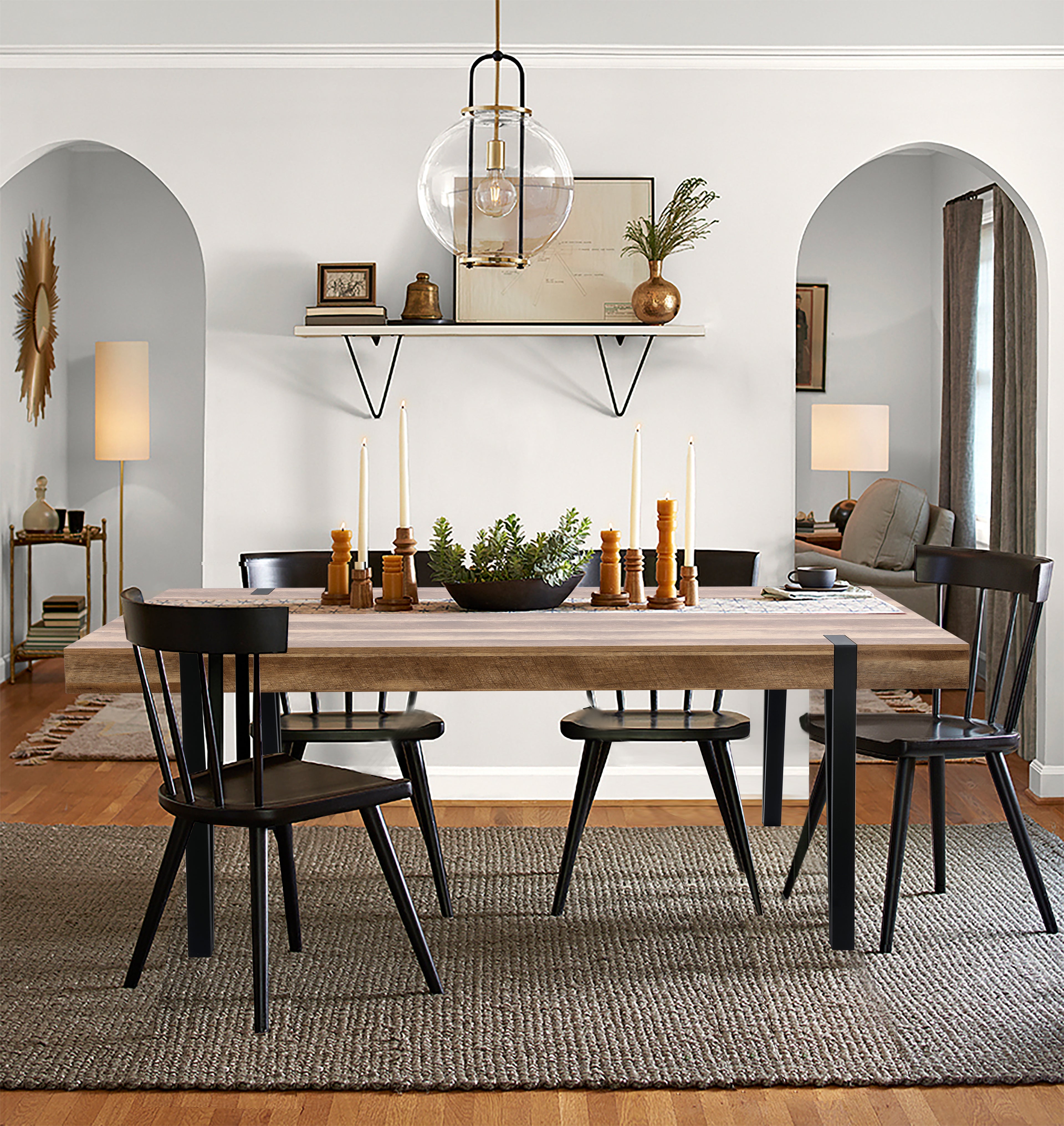 Oak Finish MDF Wood Black Metal Dining Table