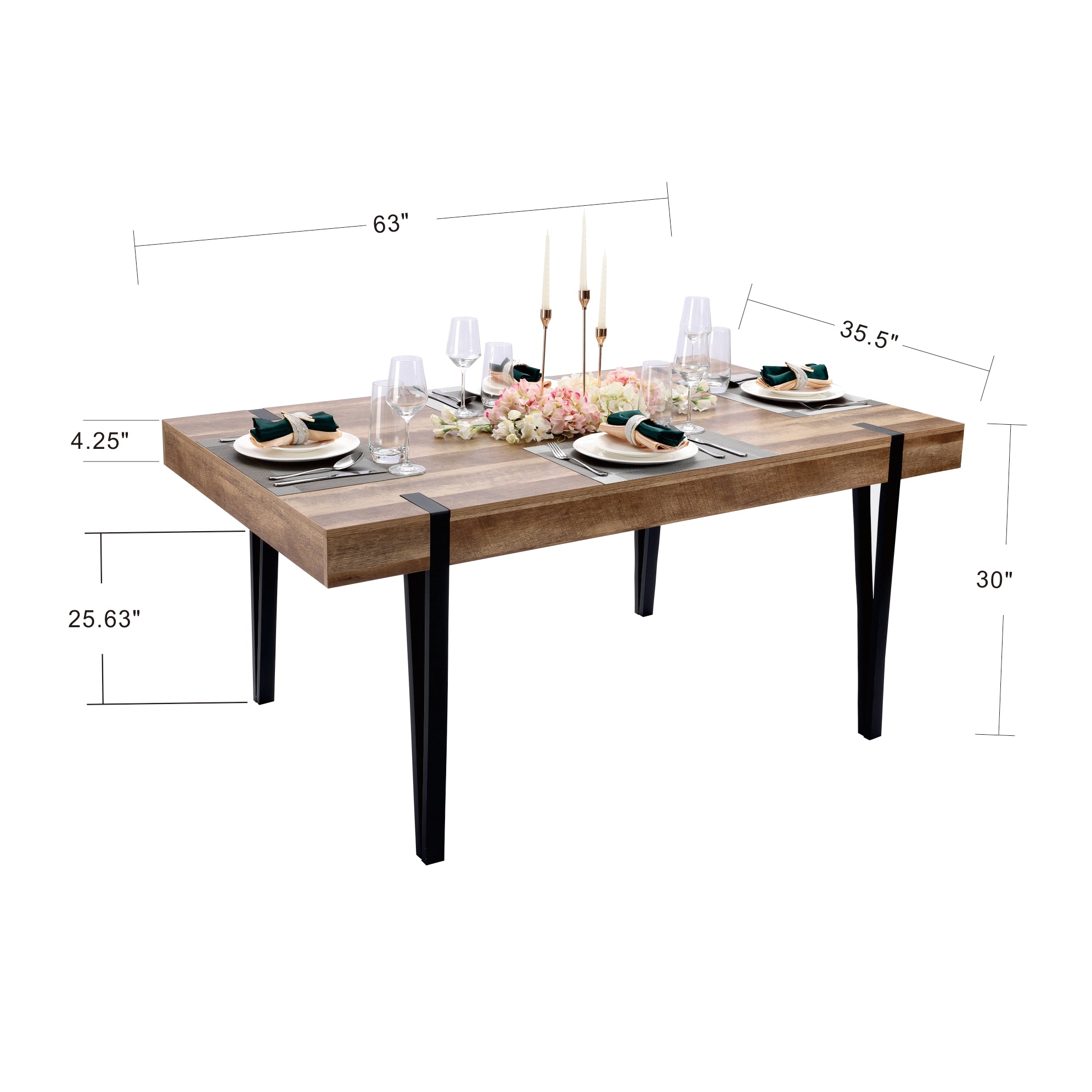 Oak Finish MDF Wood Black Metal Dining Table