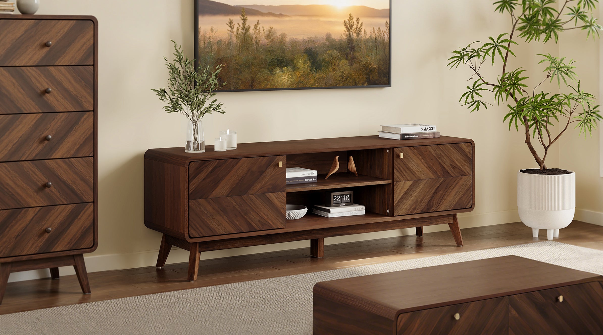 Langford 63 Inch Mid-Century Modern Credenza TV Console with Storage