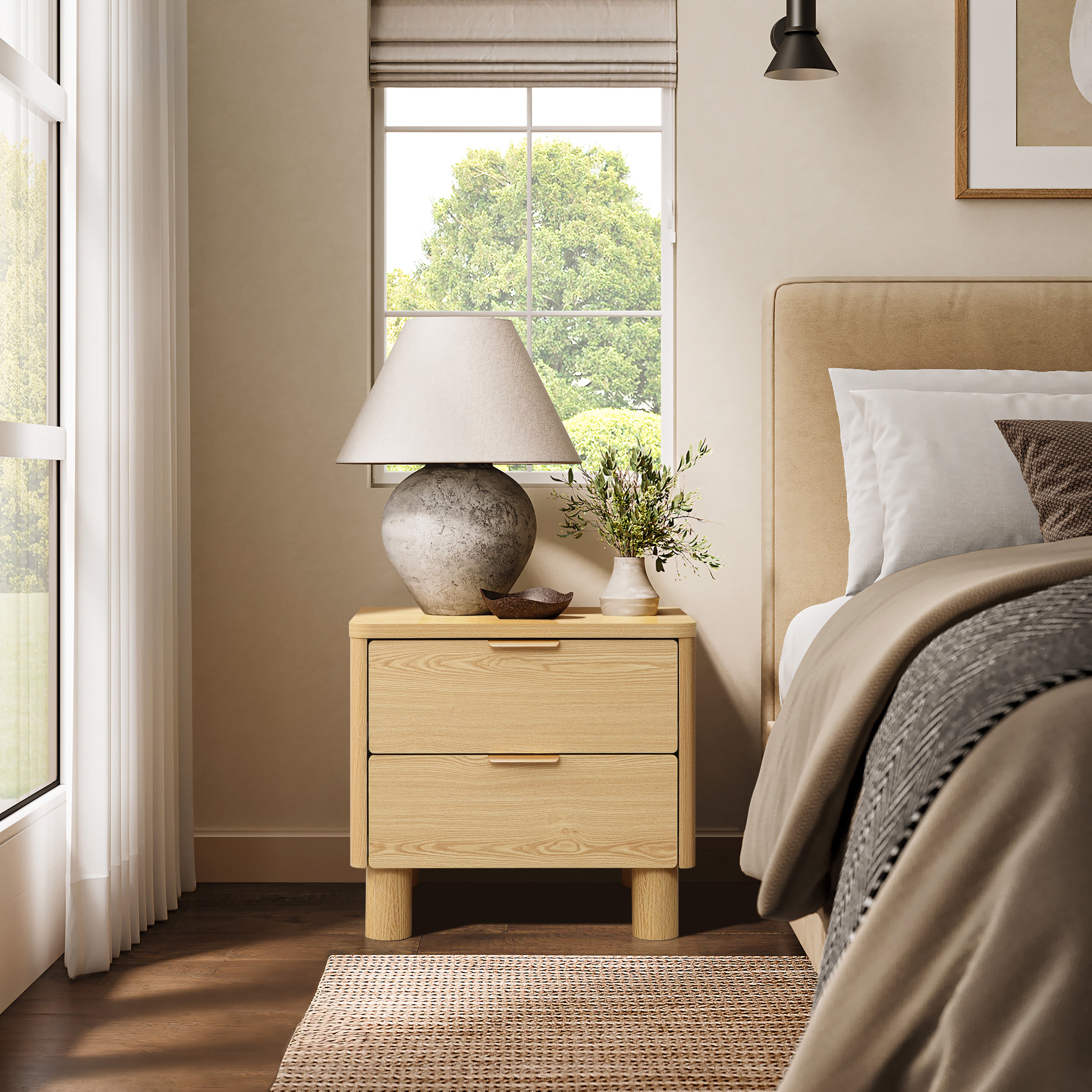 Natural Wood Finish 2-Drawer End Table & Nightstand, Manufactured Wood
