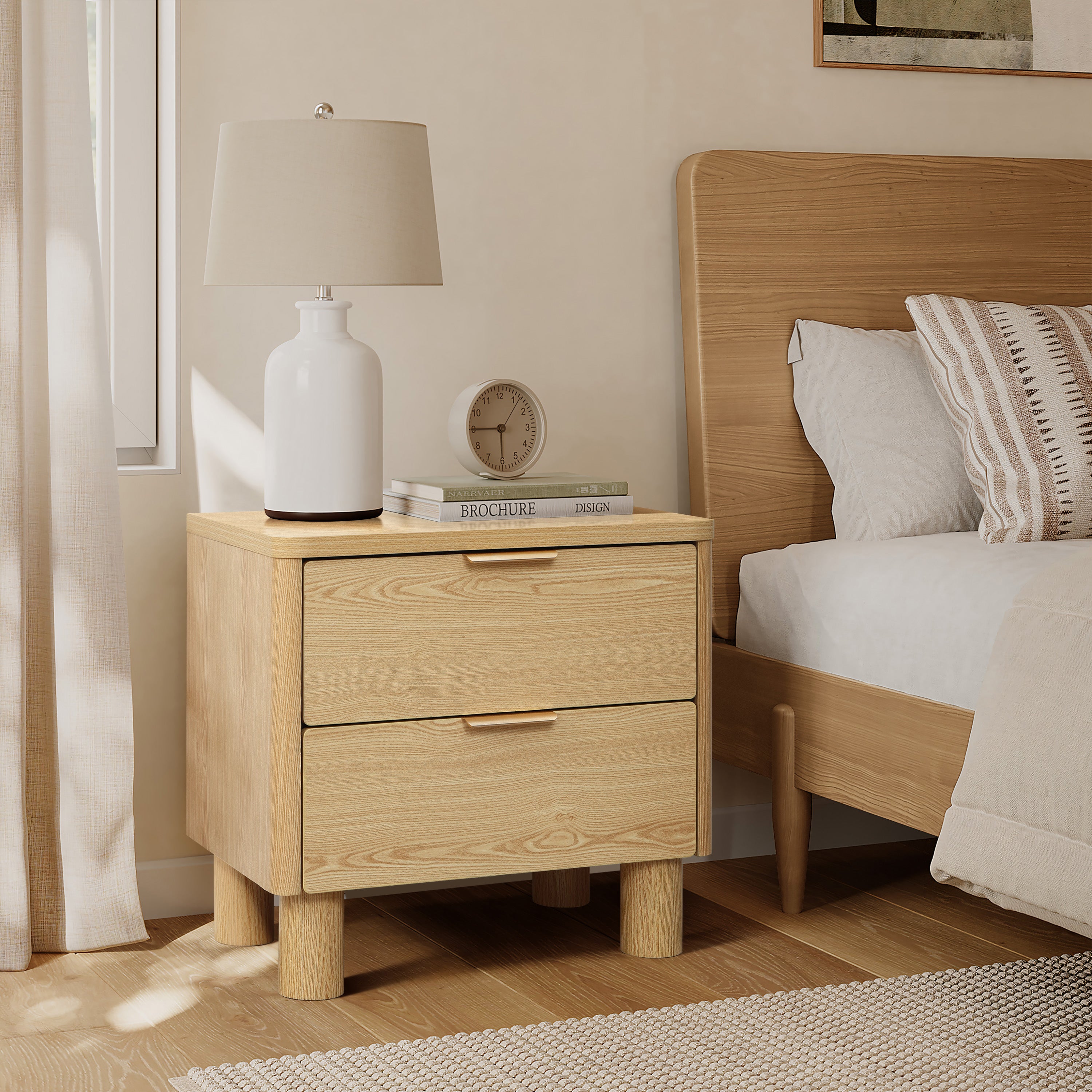 Natural Wood Finish 2-Drawer End Table & Nightstand, Manufactured Wood