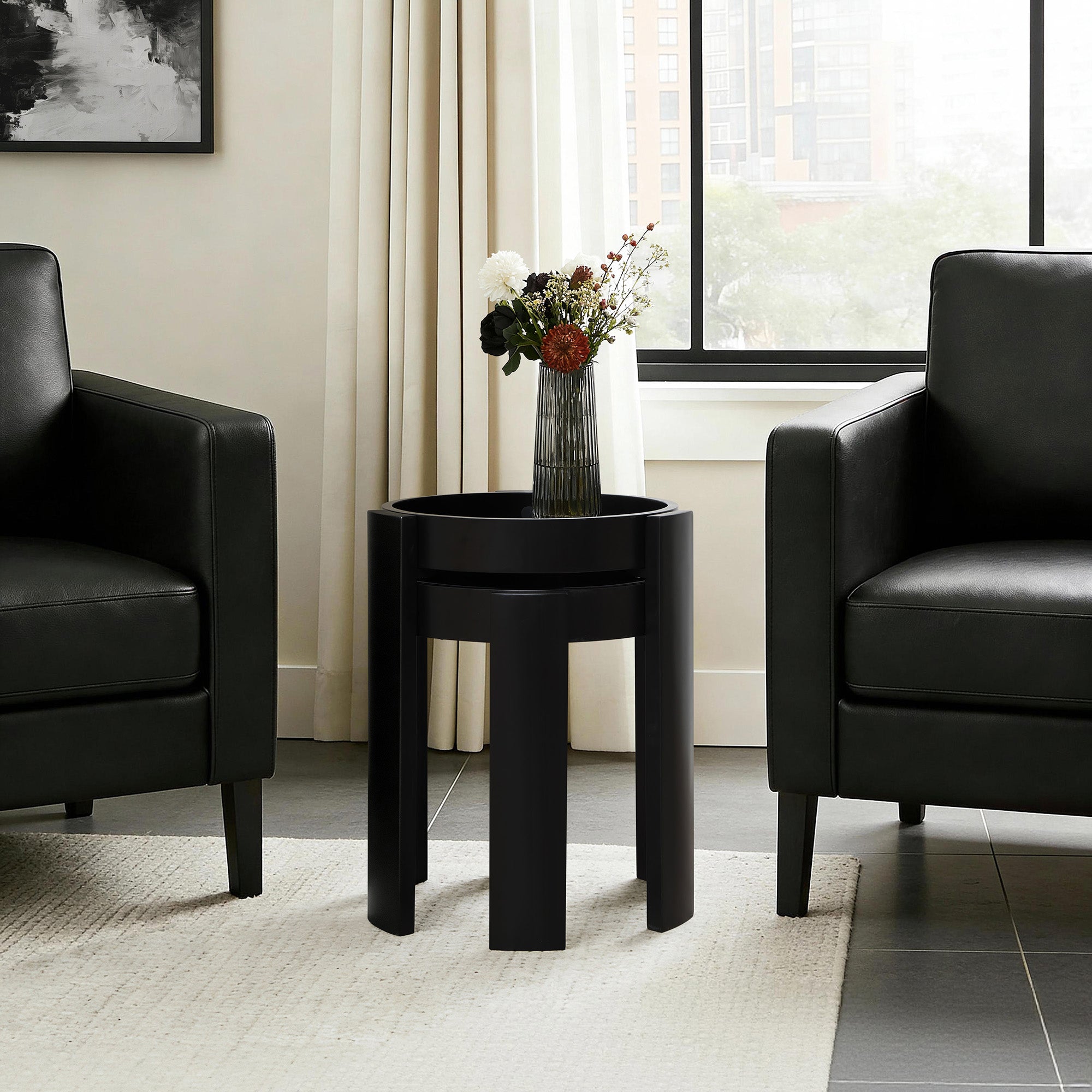 Black Nesting Side Tables Set of 2, Round MDF End Tables for Living Room