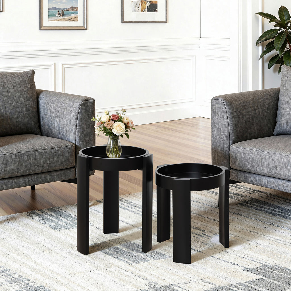 Black Nesting Side Tables Set of 2, Round MDF End Tables for Living Room