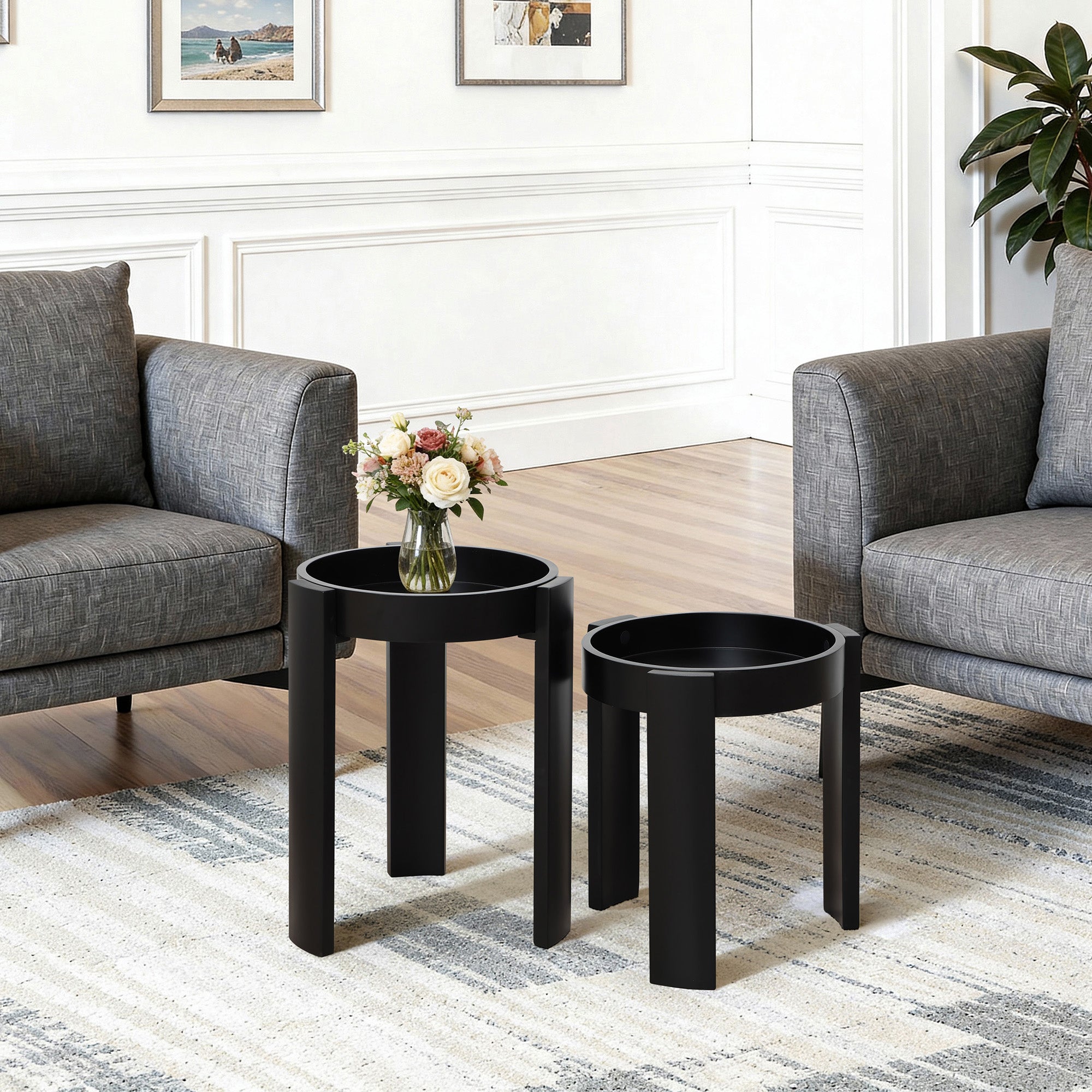Black Nesting Side Tables Set of 2, Round MDF End Tables for Living Room