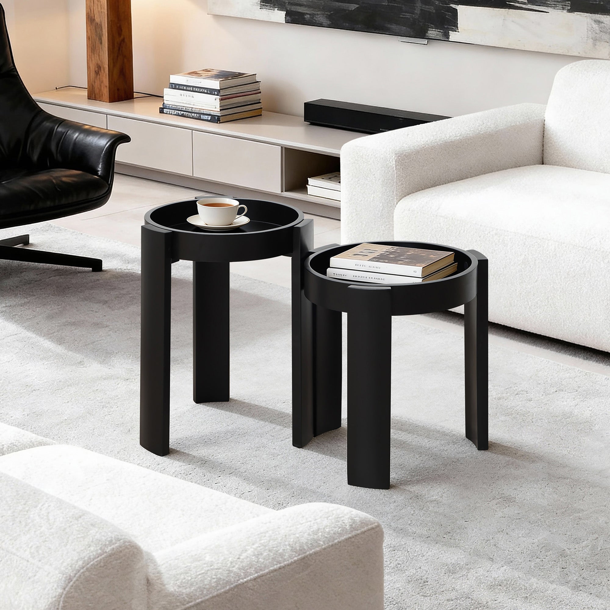 Black Nesting Side Tables Set of 2, Round MDF End Tables for Living Room