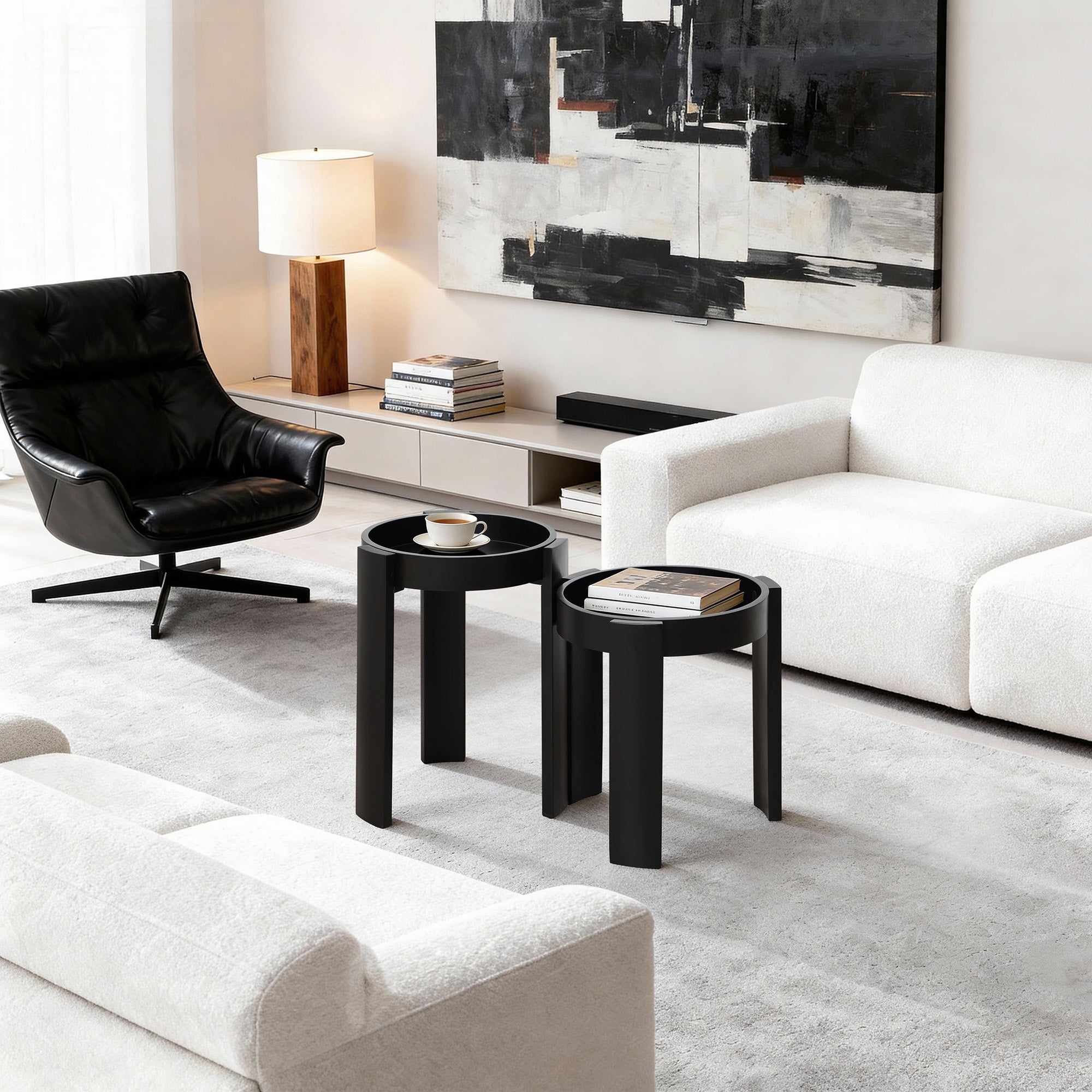 Black Nesting Side Tables Set of 2, Round MDF End Tables for Living Room