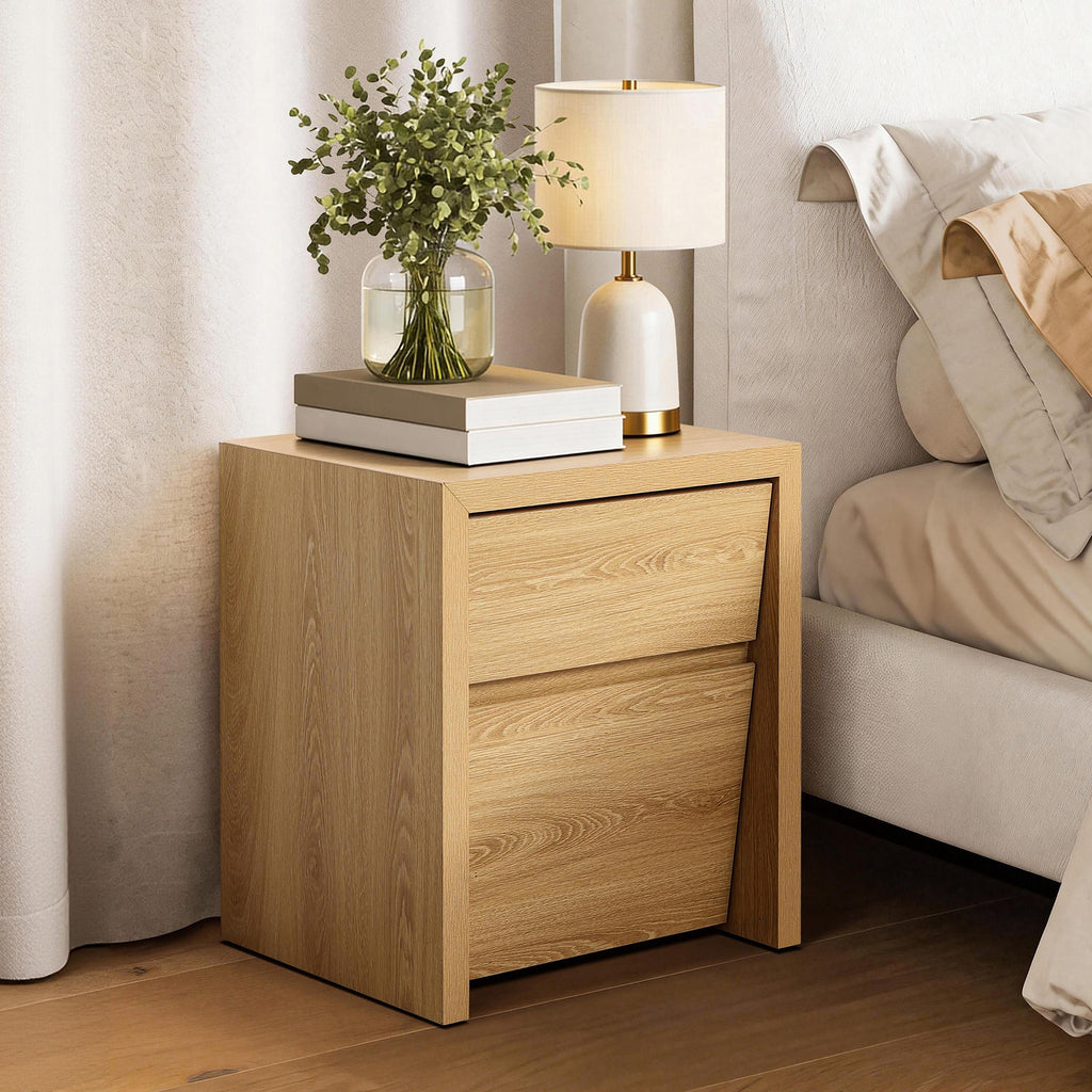 Japandi MDF Wood Nightstand, Storage End Table for Bedroom or Living Room