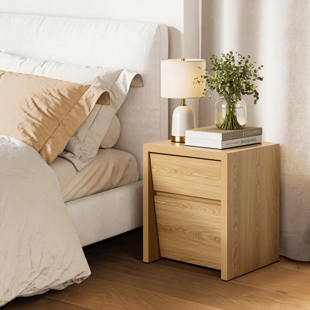 Japandi MDF Wood Nightstand, Storage End Table for Bedroom or Living Room