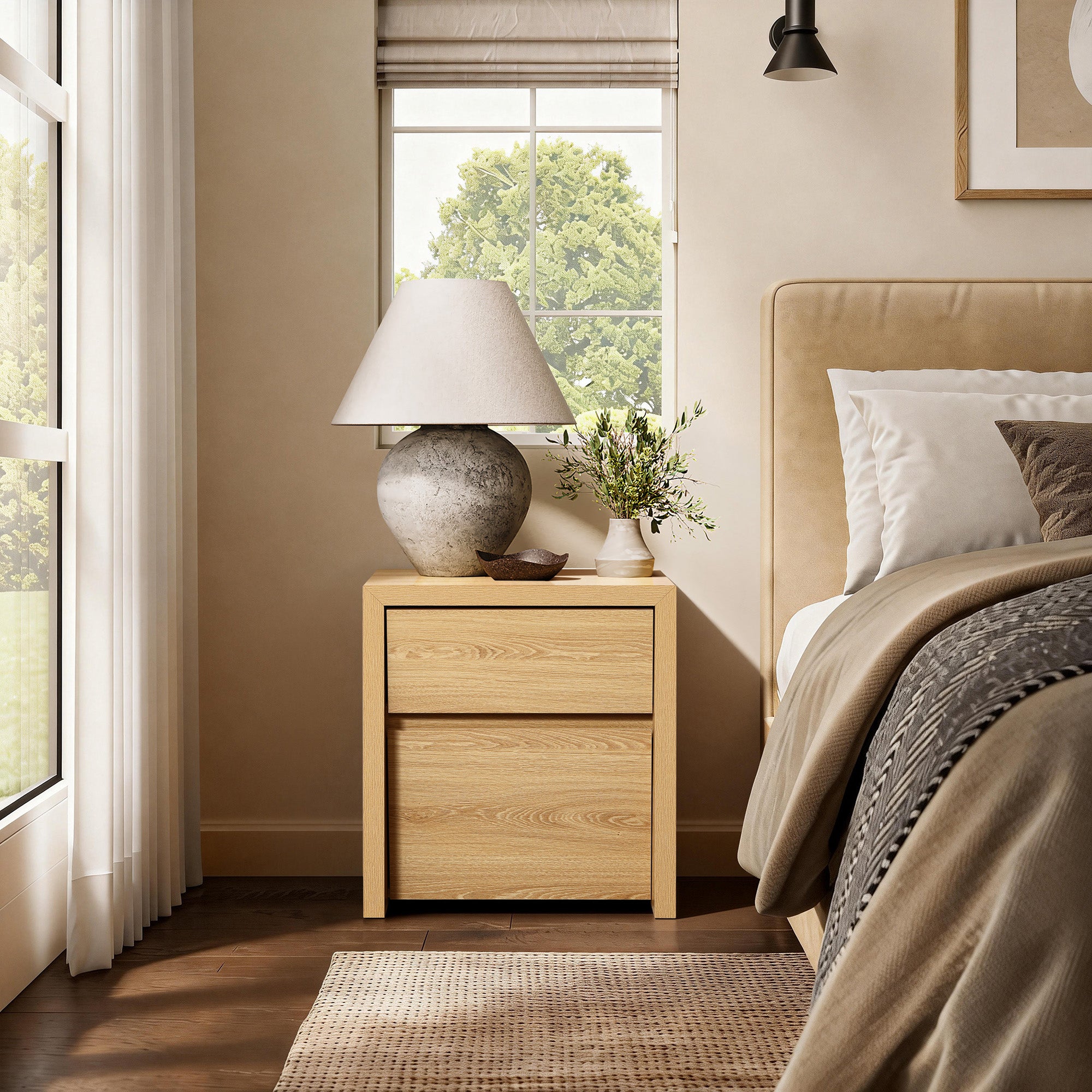 Nordic Minimalist Wooden Bedside Table with 2 Drawers