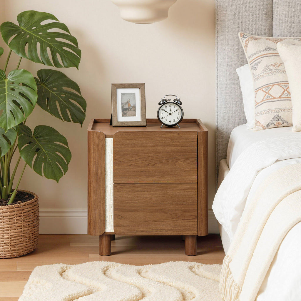 Scandinavian-Style Nightstand, Manufactured Wood End Table with 2 Drawers