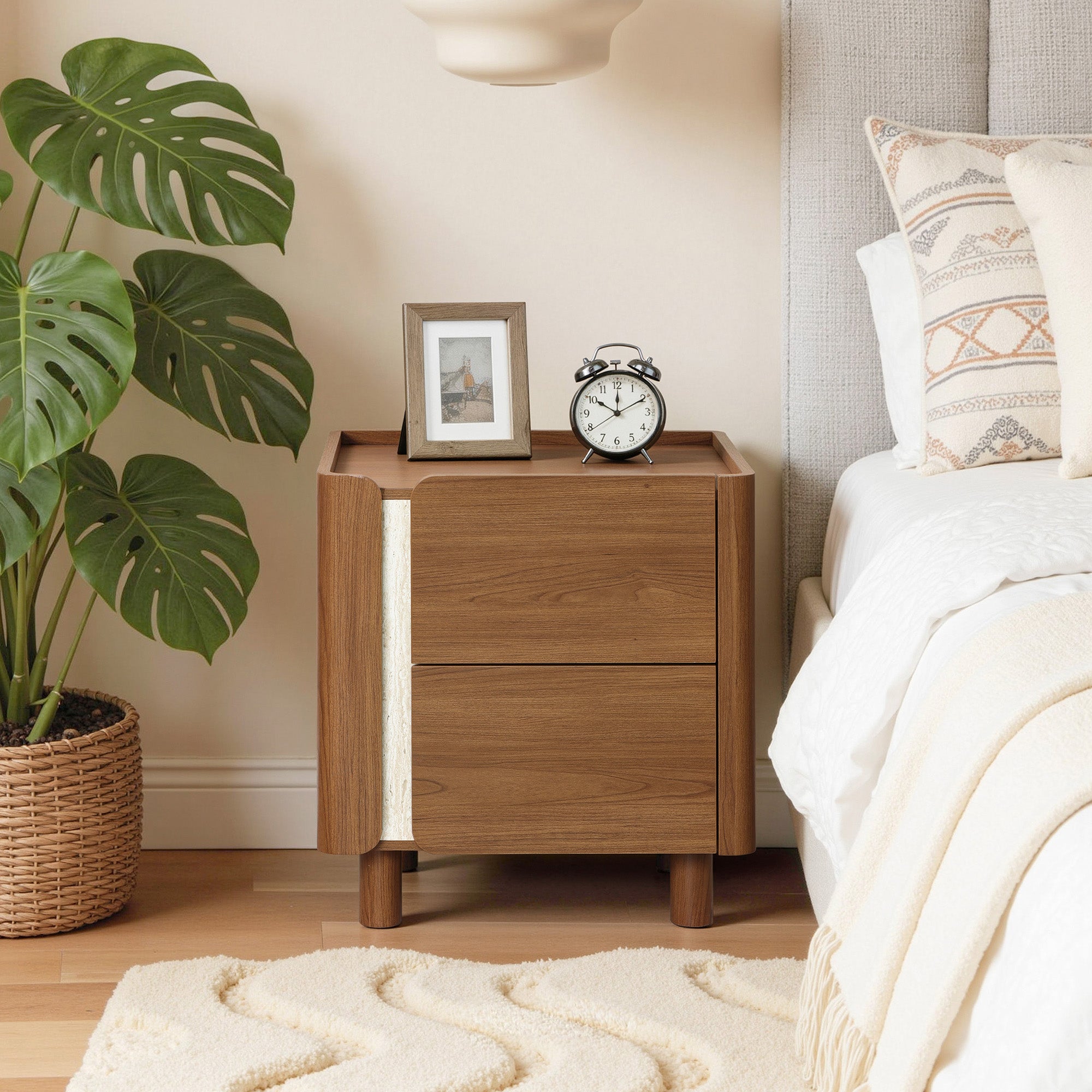 Scandinavian-Style Nightstand, Manufactured Wood End Table with 2 Drawers