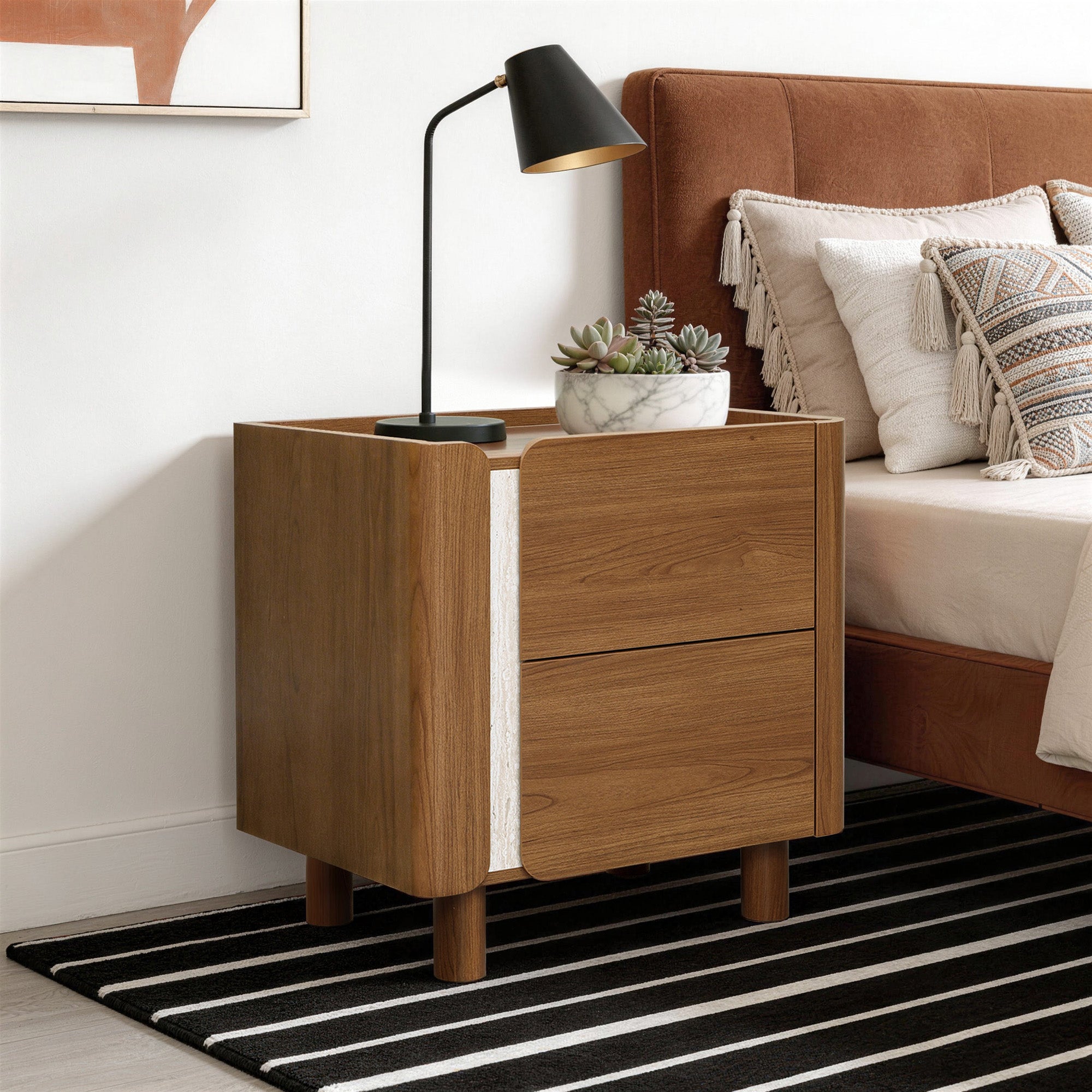 Scandinavian-Style Nightstand, Manufactured Wood End Table with 2 Drawers