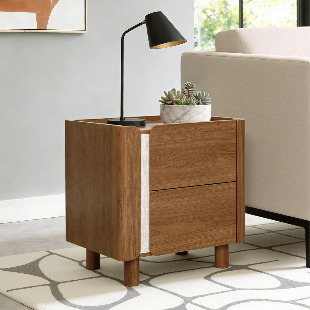 Scandinavian-Style Nightstand, Manufactured Wood End Table with 2 Drawers