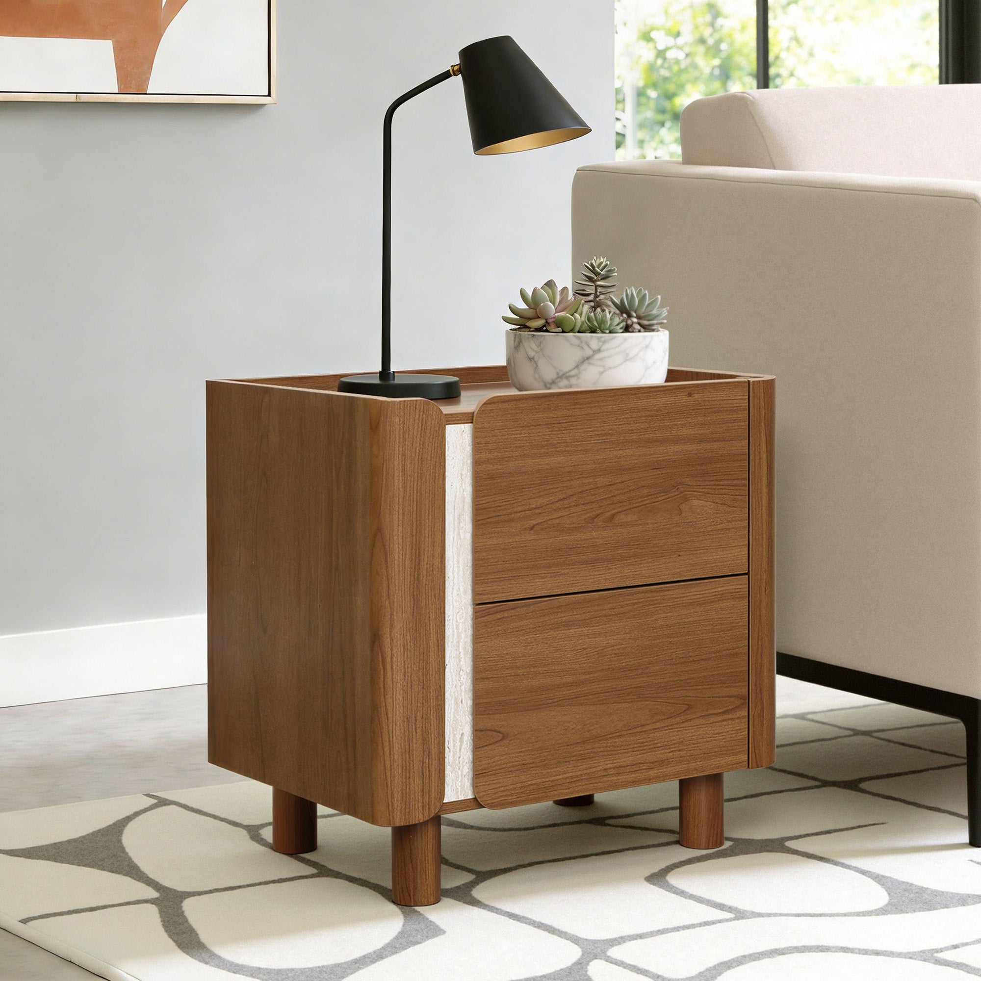 Scandinavian-Style Nightstand, Manufactured Wood End Table with 2 Drawers
