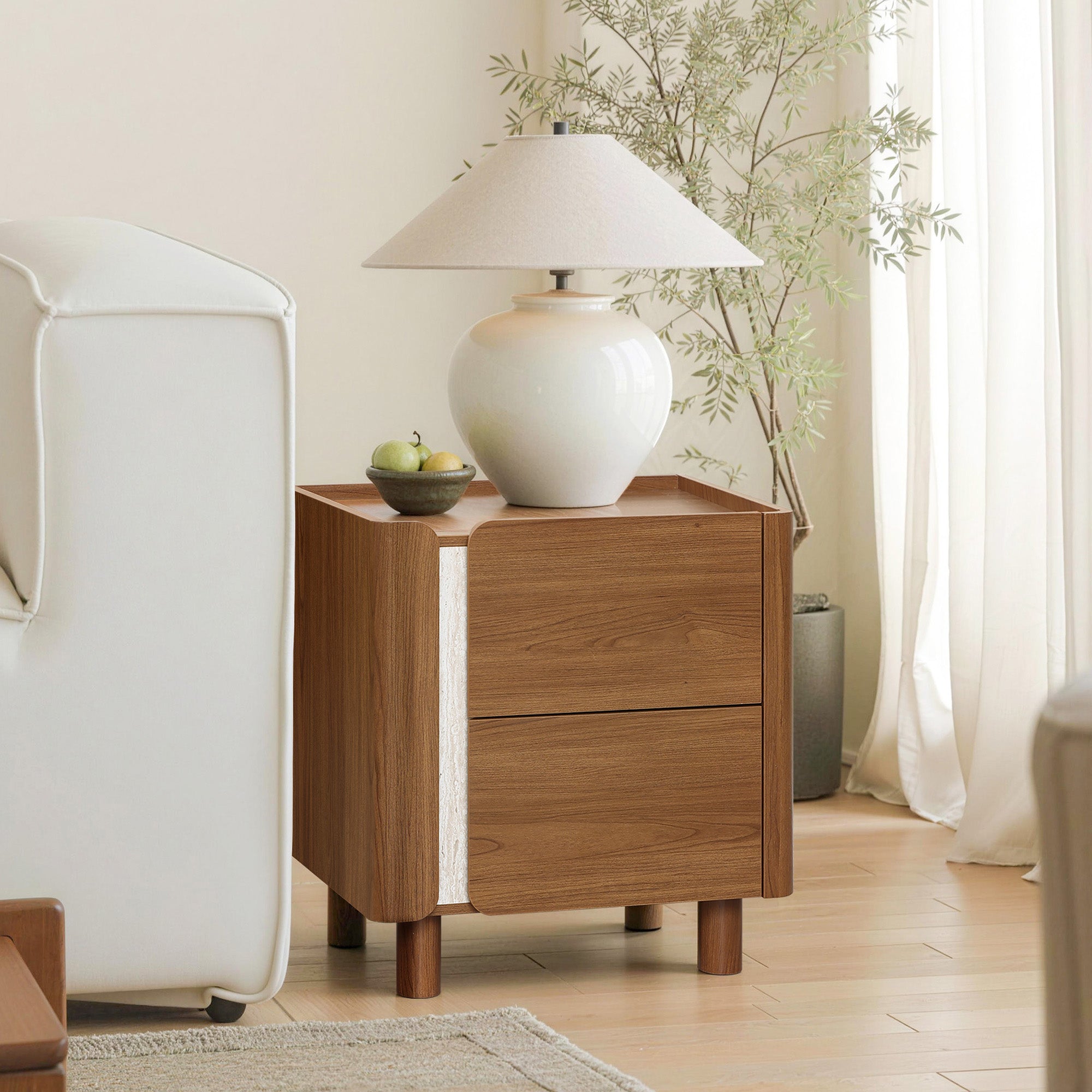 Scandinavian-Style Nightstand, Manufactured Wood End Table with 2 Drawers