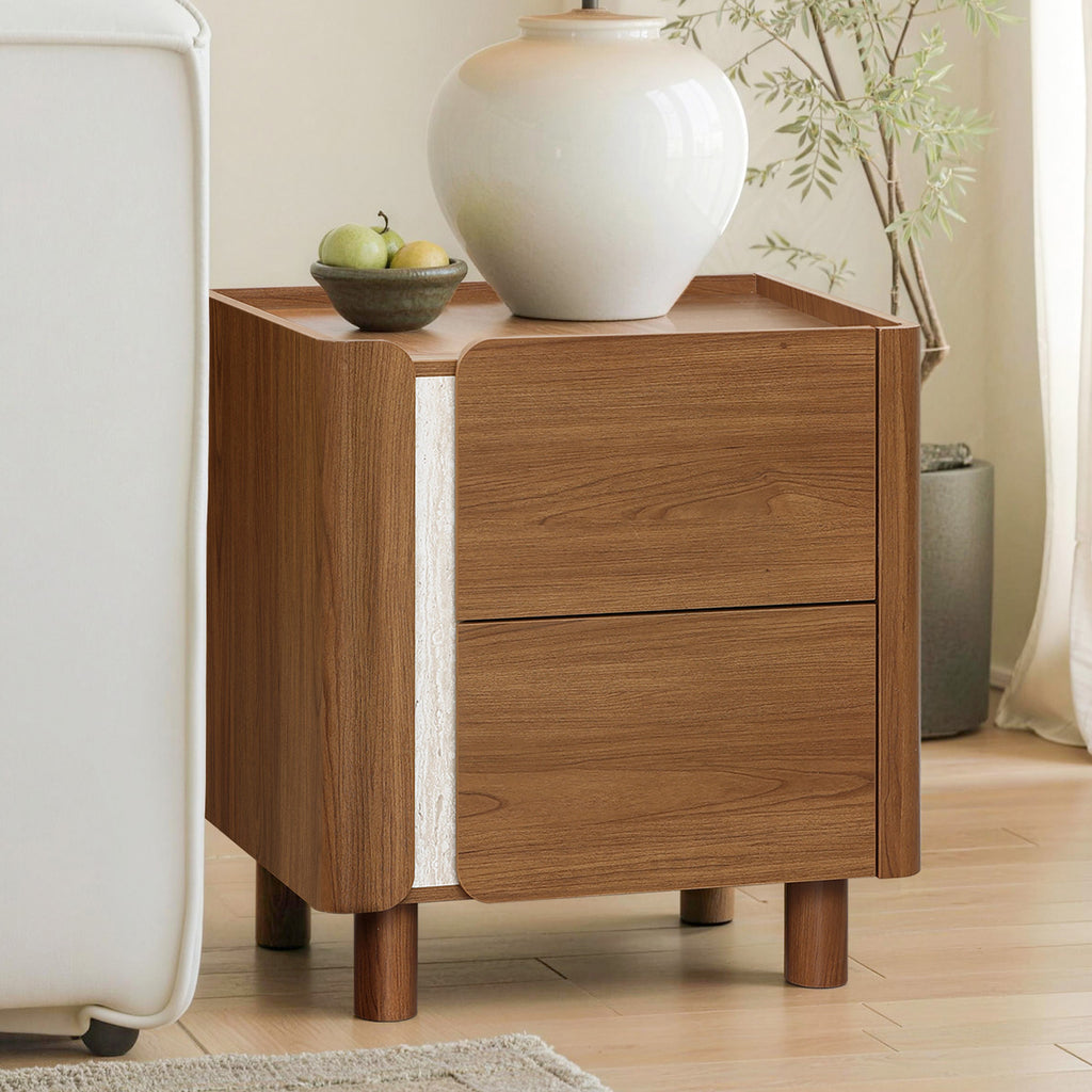 Scandinavian-Style Nightstand, Manufactured Wood End Table with 2 Drawers