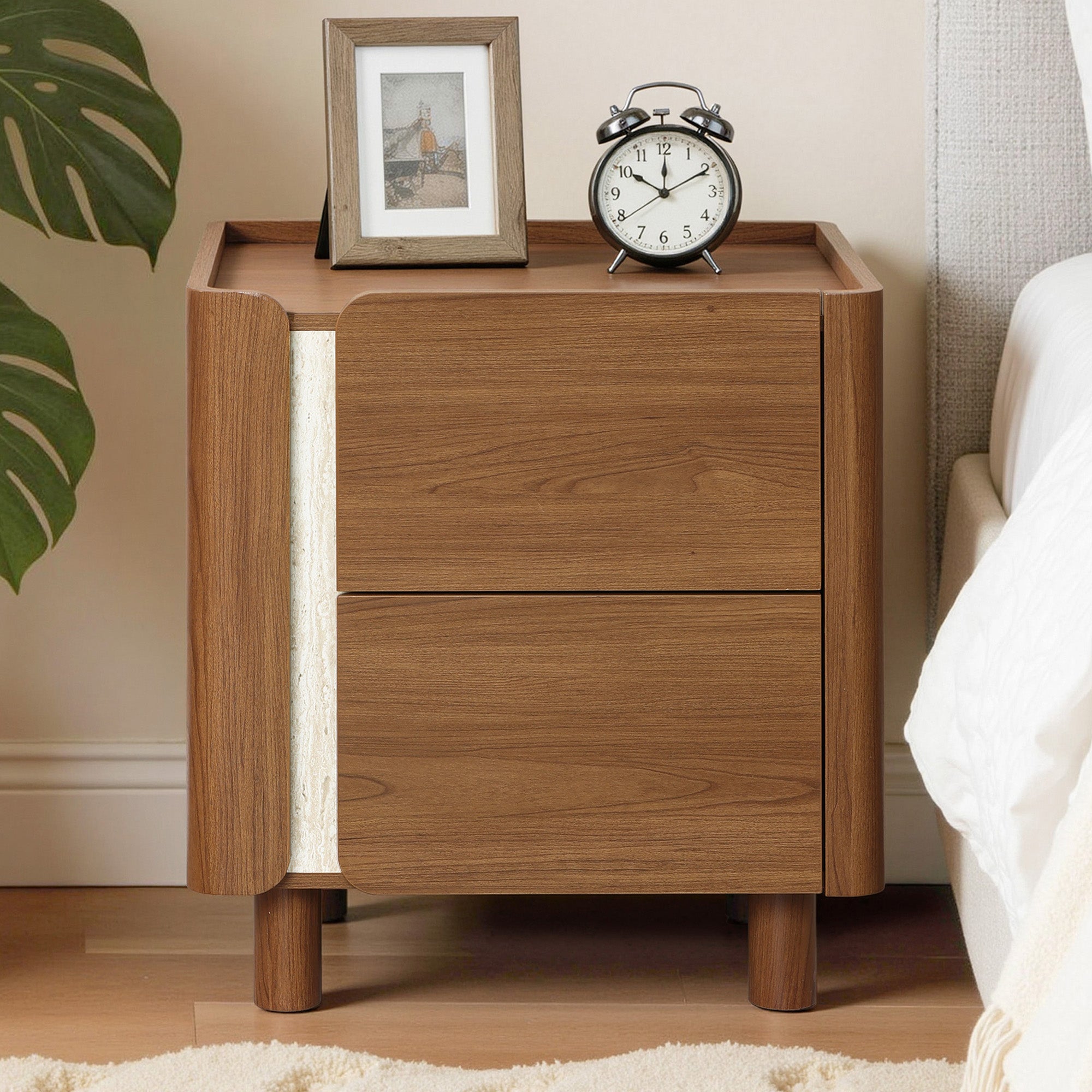Scandinavian-Style Nightstand, Manufactured Wood End Table with 2 Drawers