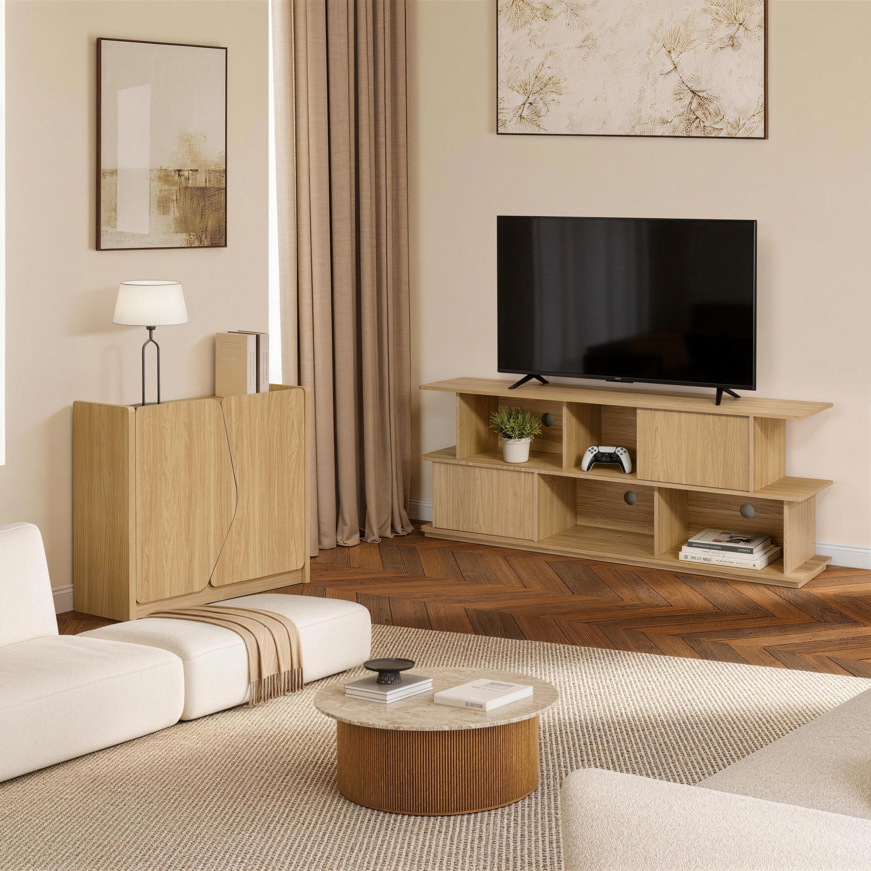 Modern Storage and Sideboard Cabinet, 2 Doors w/ Soft-Close Hinges, Raised Sides