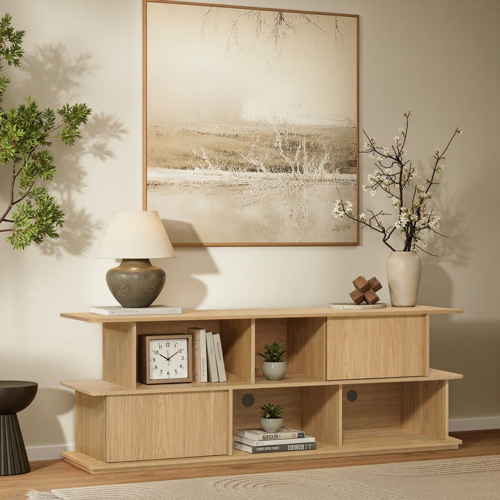 Compact 2-Layer TV Stand, Mixed Storage Console with Cabinets and Open Shelves
