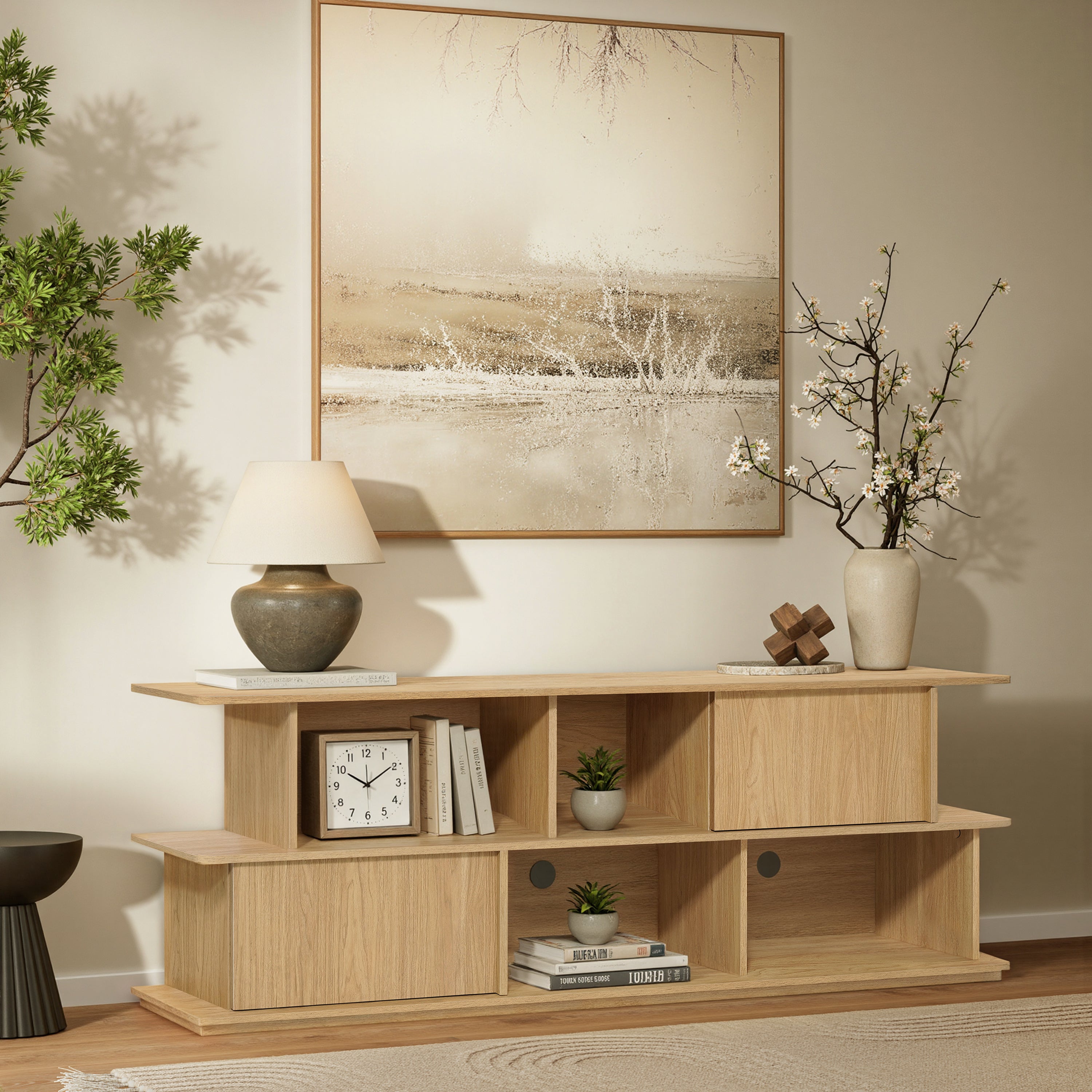 Compact 2-Layer TV Stand, Mixed Storage Console with Cabinets and Open Shelves