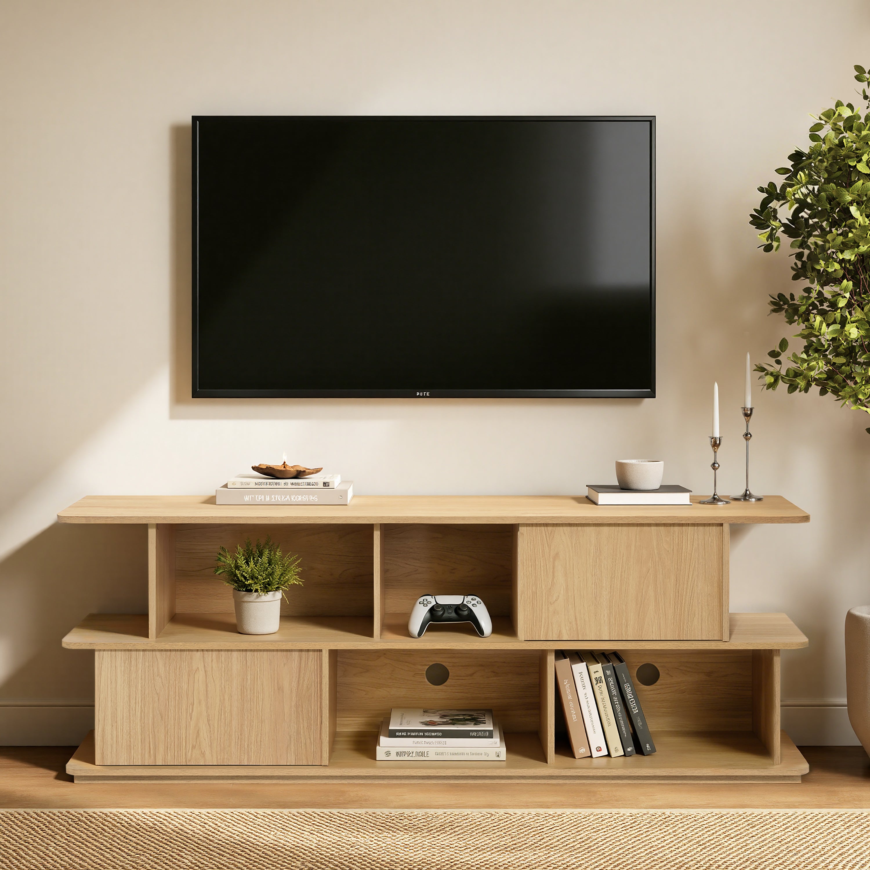 Compact 2-Layer TV Stand, Mixed Storage Console with Cabinets and Open Shelves
