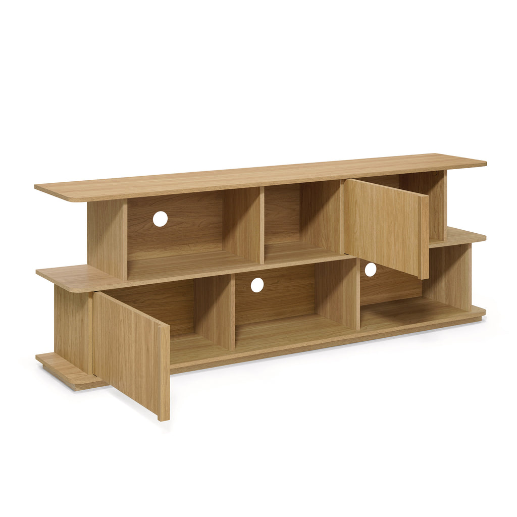 Compact 2-Layer TV Stand, Mixed Storage Console with Cabinets and Open Shelves