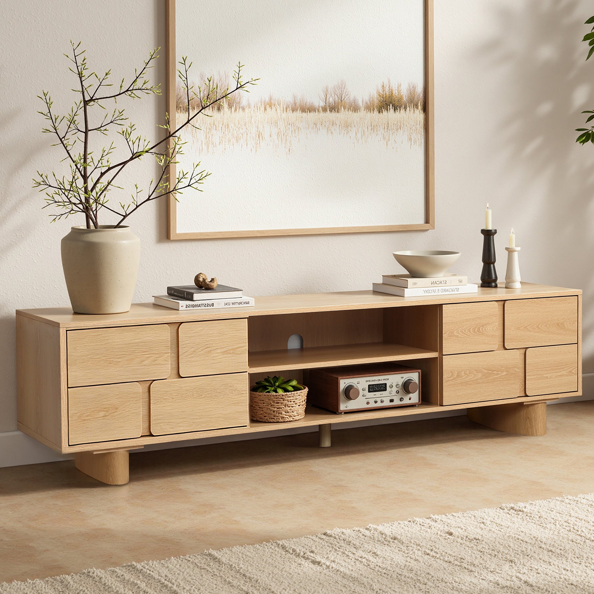 63" TV Console, Japandi-Inspired, Low-Height Design in Engineered Wood