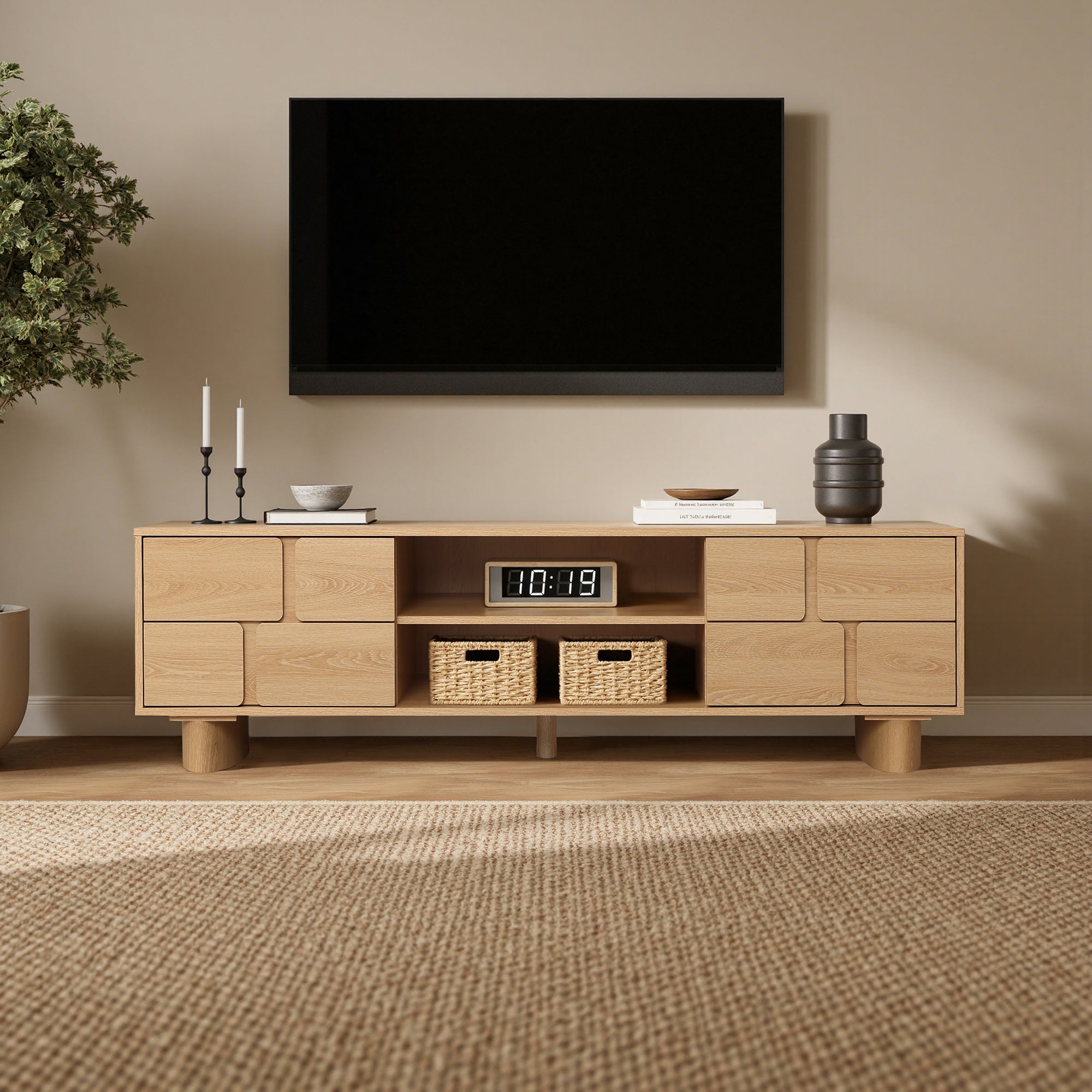63" TV Console, Japandi-Inspired, Low-Height Design in Engineered Wood