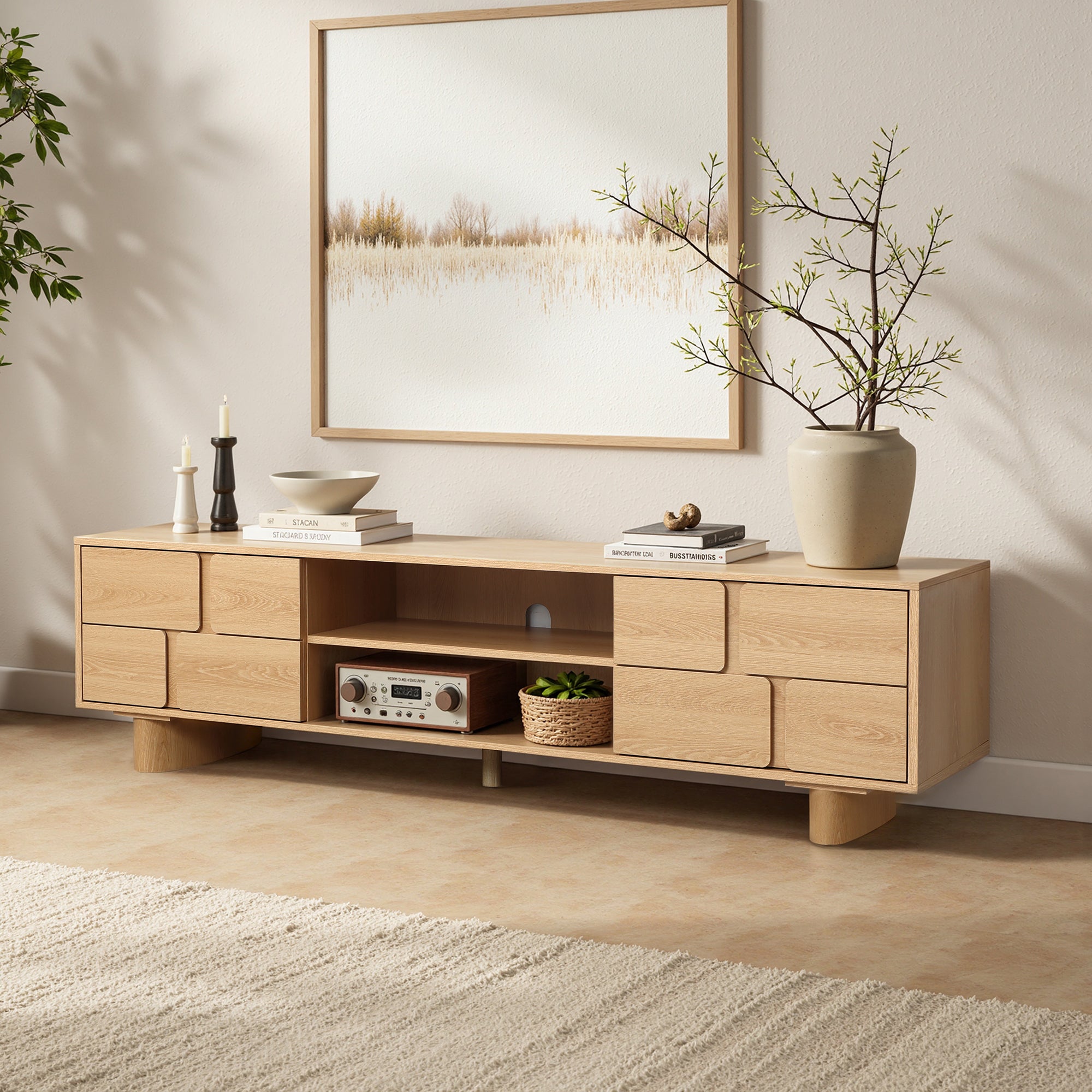 63" TV Console, Japandi-Inspired, Low-Height Design in Engineered Wood
