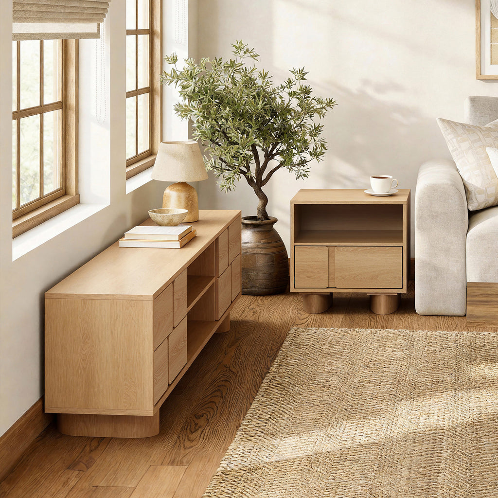 63" TV Console, Japandi-Inspired, Low-Height Design in Engineered Wood