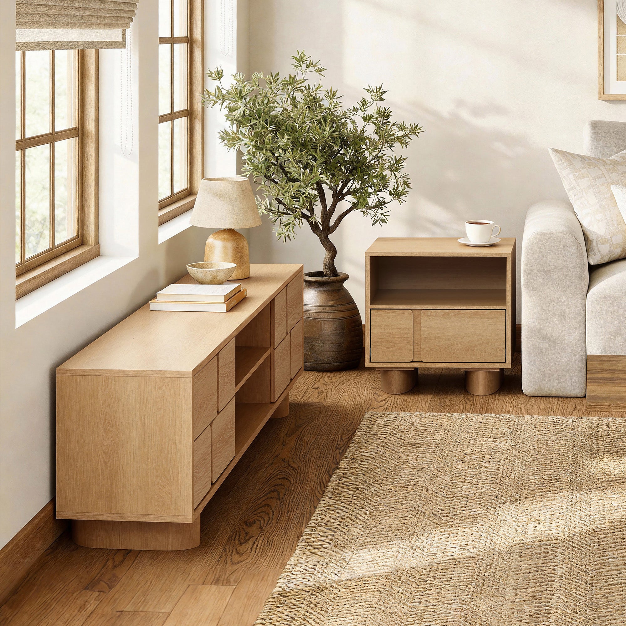 63" TV Console, Japandi-Inspired, Low-Height Design in Engineered Wood