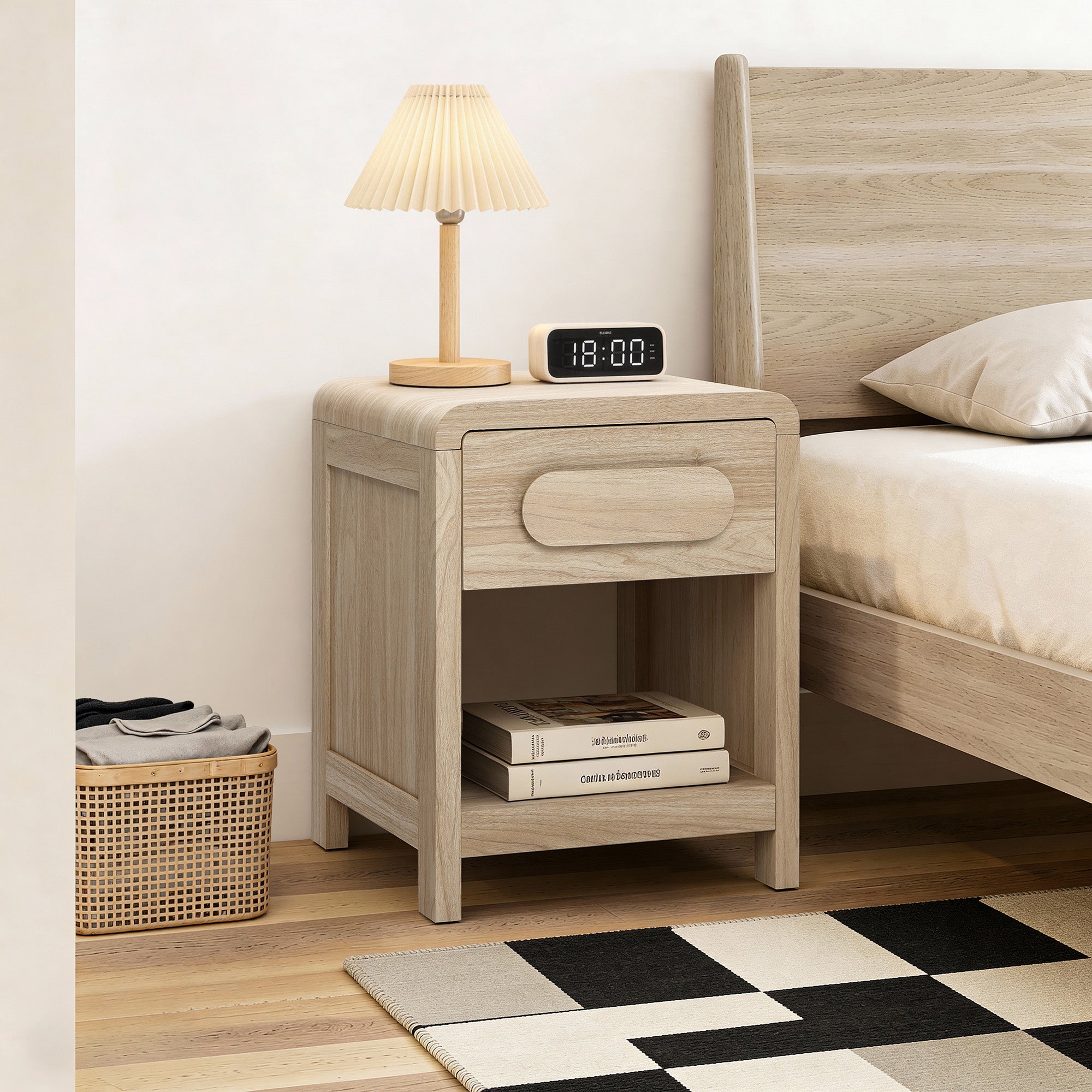 Nightstand with Storage, End Table with Light Wood Finish, Drawer & Open Shelf