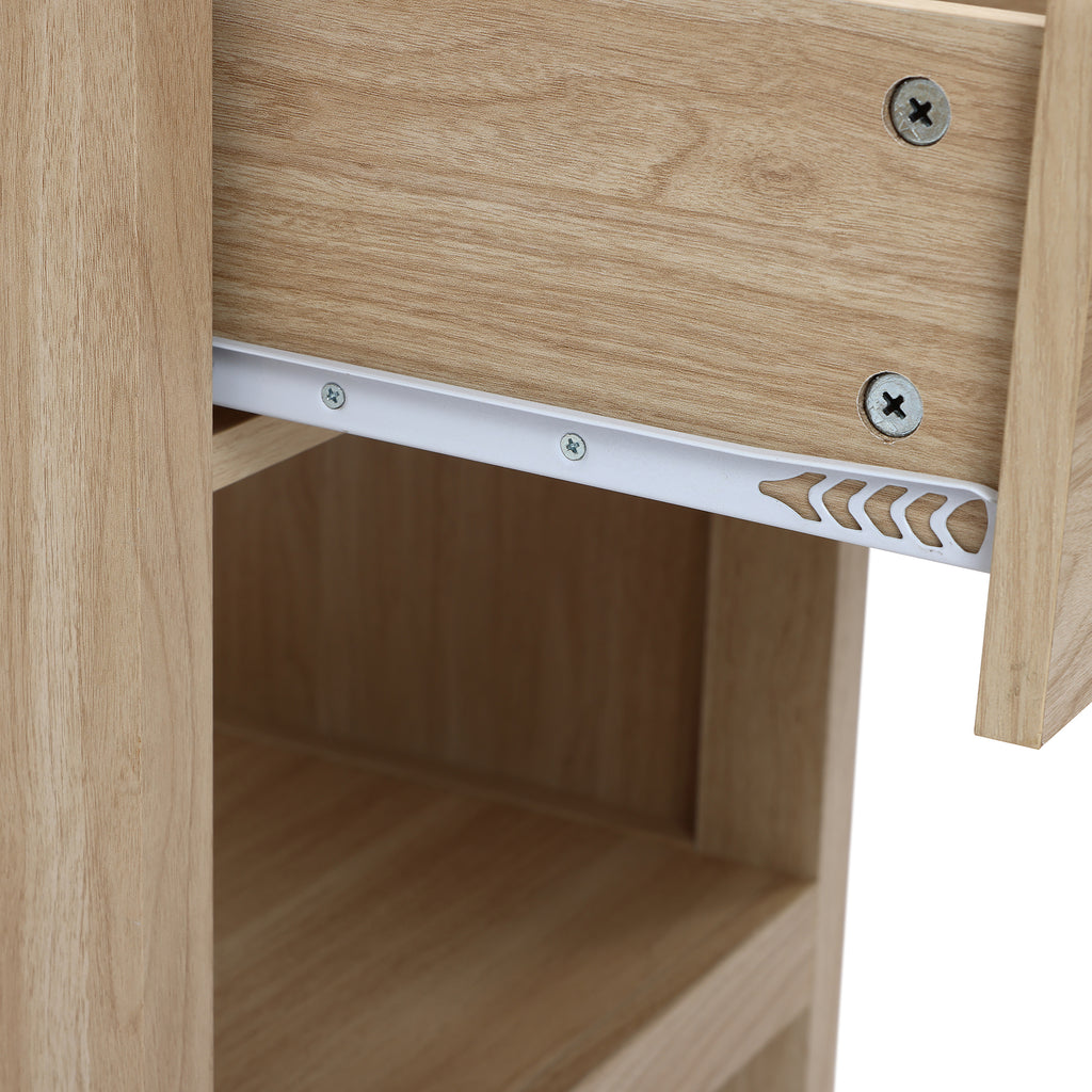 Nightstand with Storage, End Table with Light Wood Finish, Drawer & Open Shelf