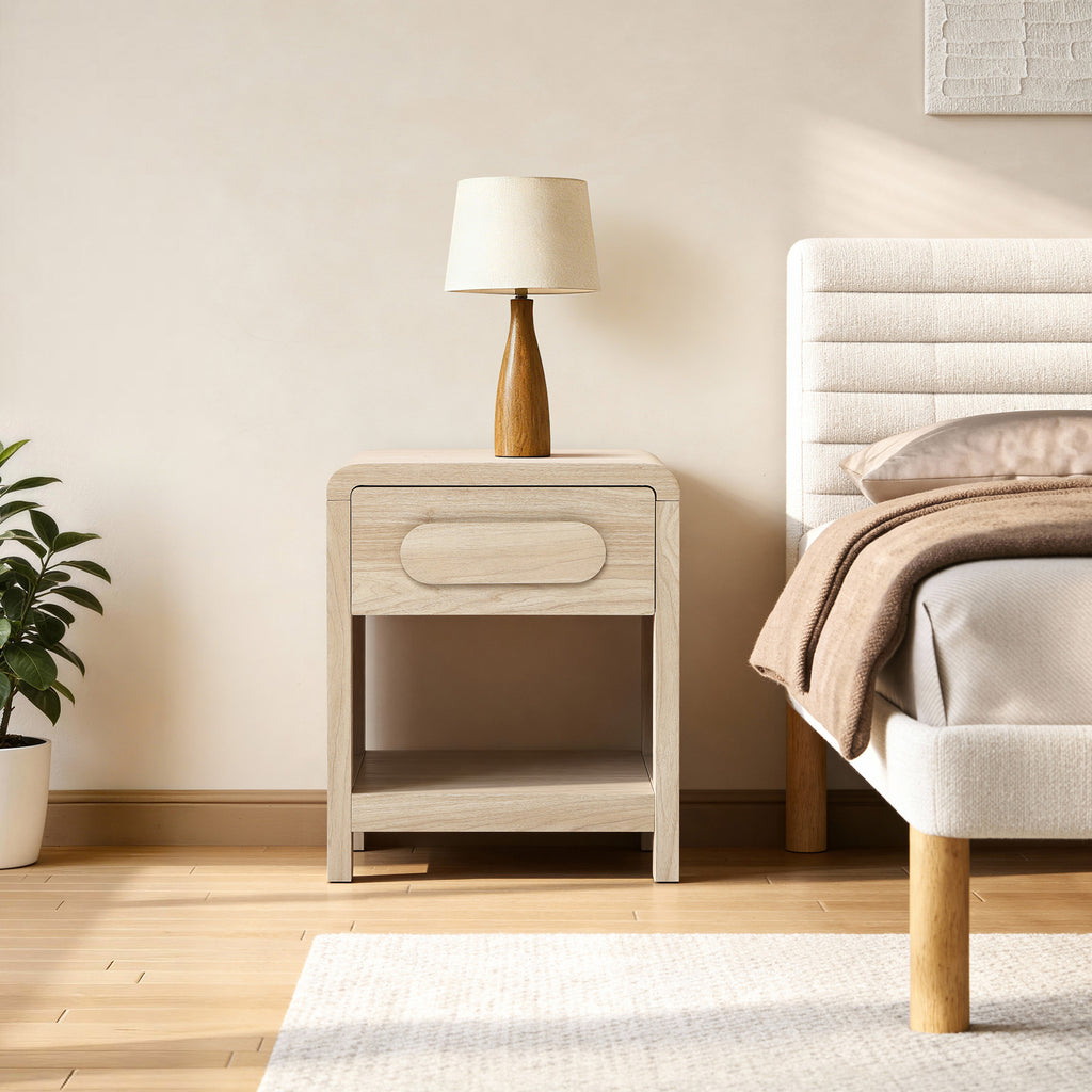 Nightstand with Storage, End Table with Light Wood Finish, Drawer & Open Shelf