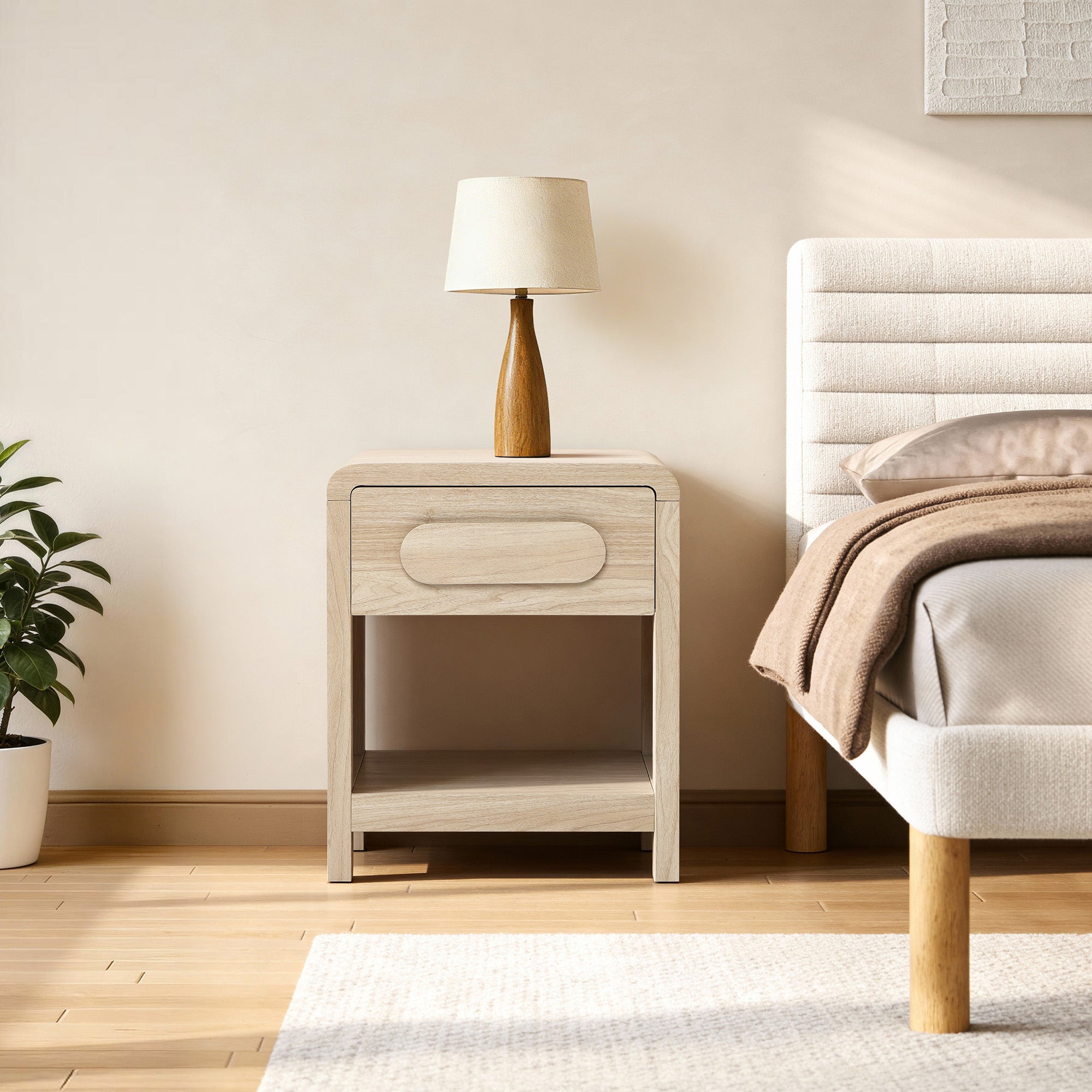 Nightstand with Storage, End Table with Light Wood Finish, Drawer & Open Shelf