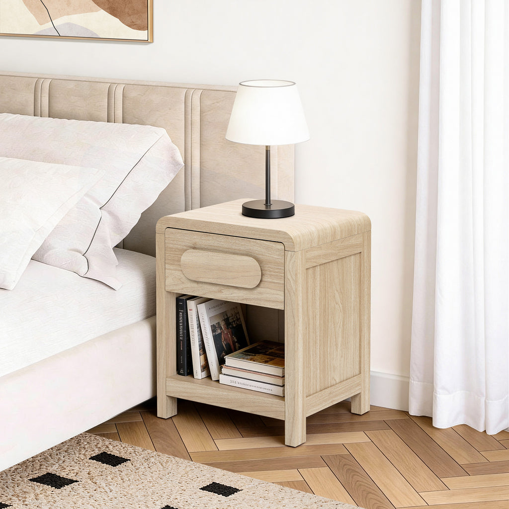 Nightstand with Storage, End Table with Light Wood Finish, Drawer & Open Shelf