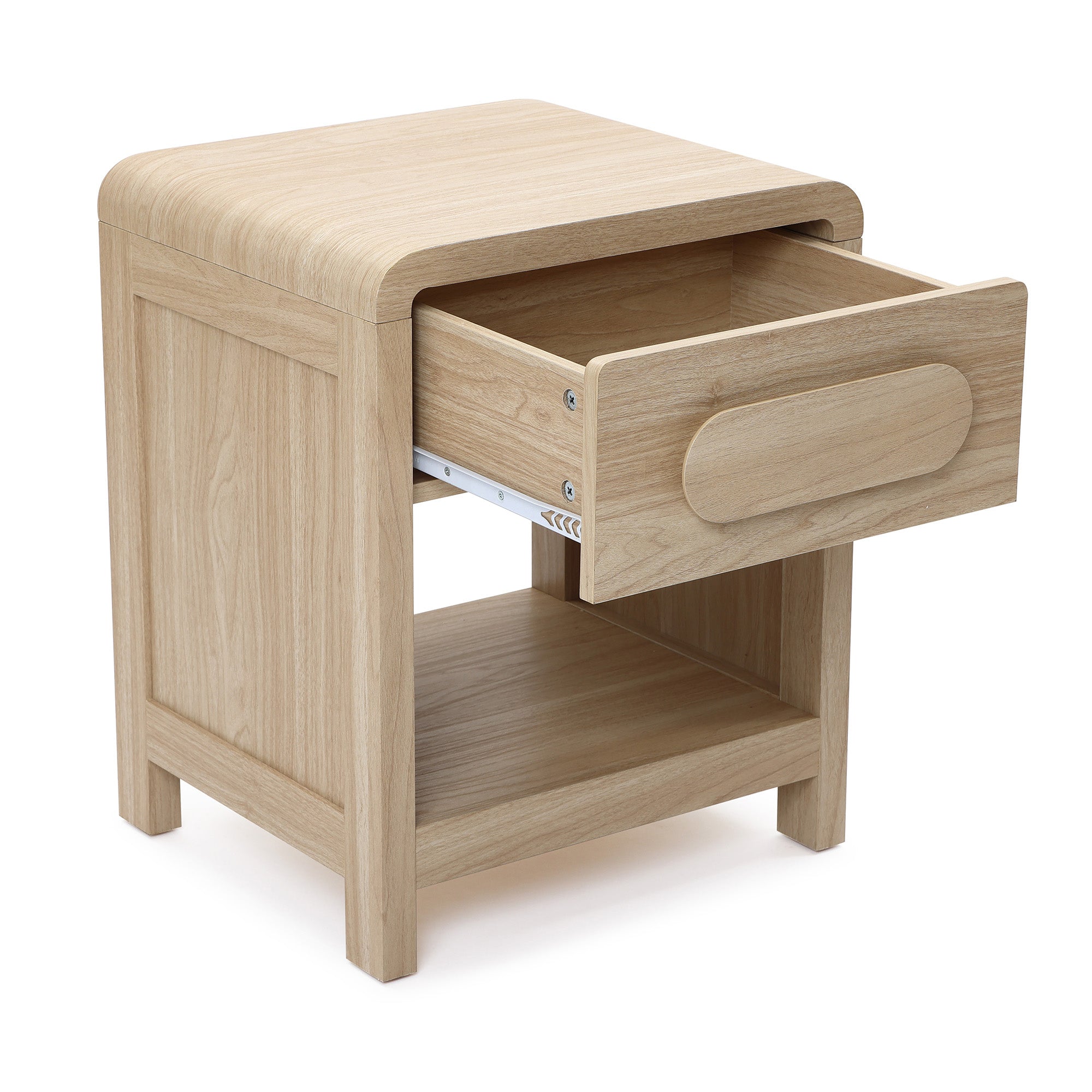 Nightstand with Storage, End Table with Light Wood Finish, Drawer & Open Shelf