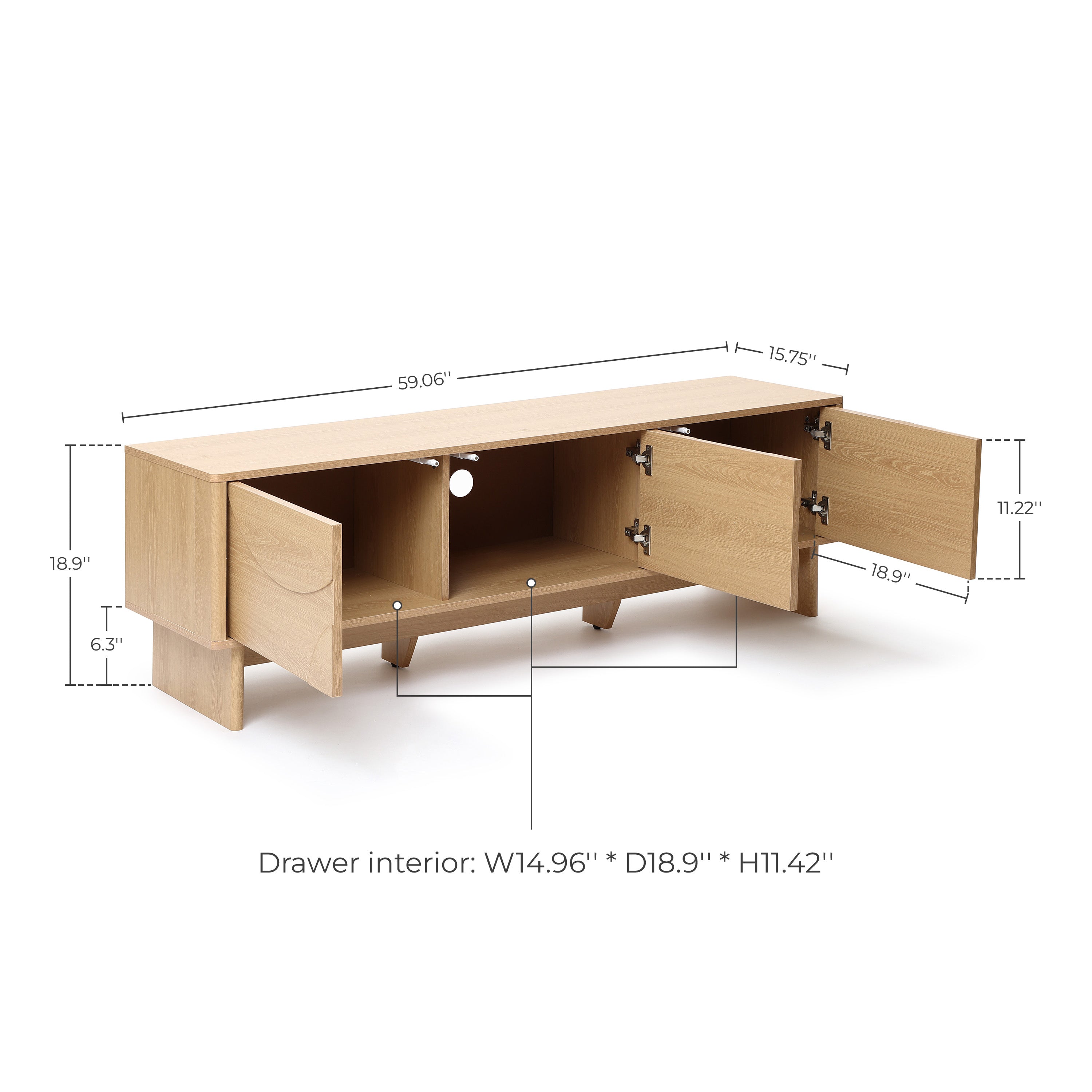 TV Console with 3 Doors, Geometric Carved Front, Light Wood Finish
