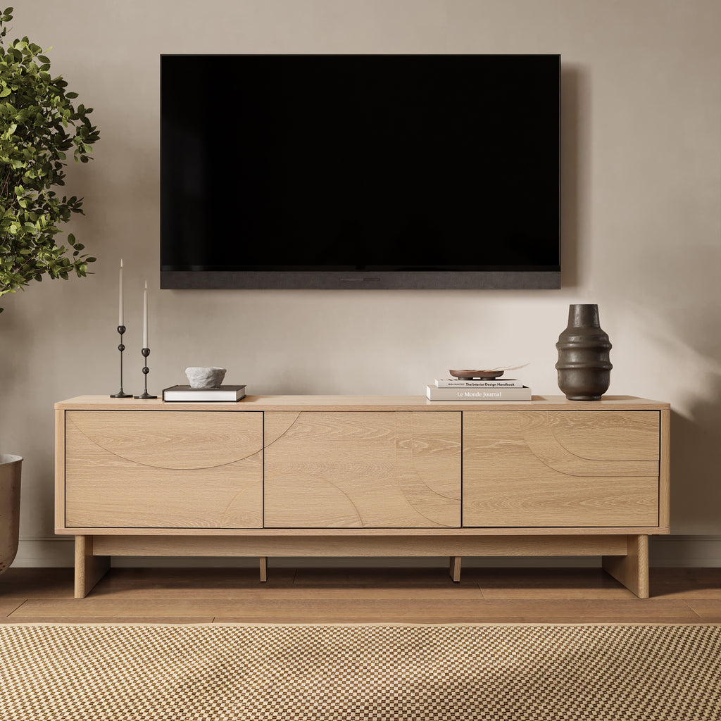TV Console with 3 Doors, Geometric Carved Front, Light Wood Finish