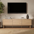 TV Console with 3 Doors, Geometric Carved Front, Light Wood Finish