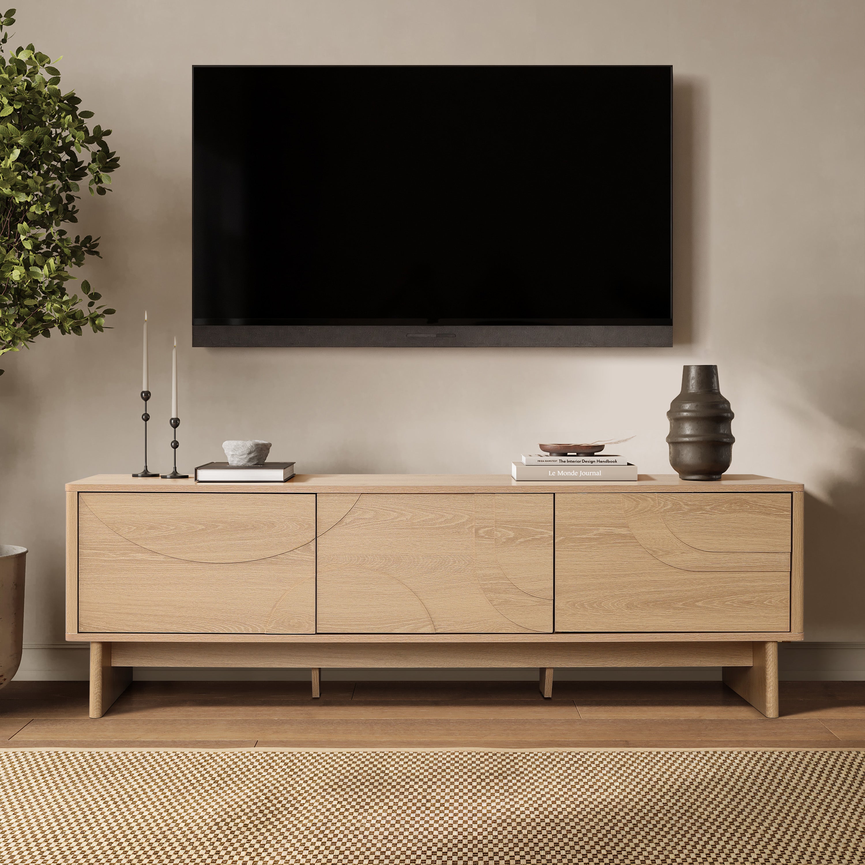 TV Console with 3 Doors, Geometric Carved Front, Light Wood Finish