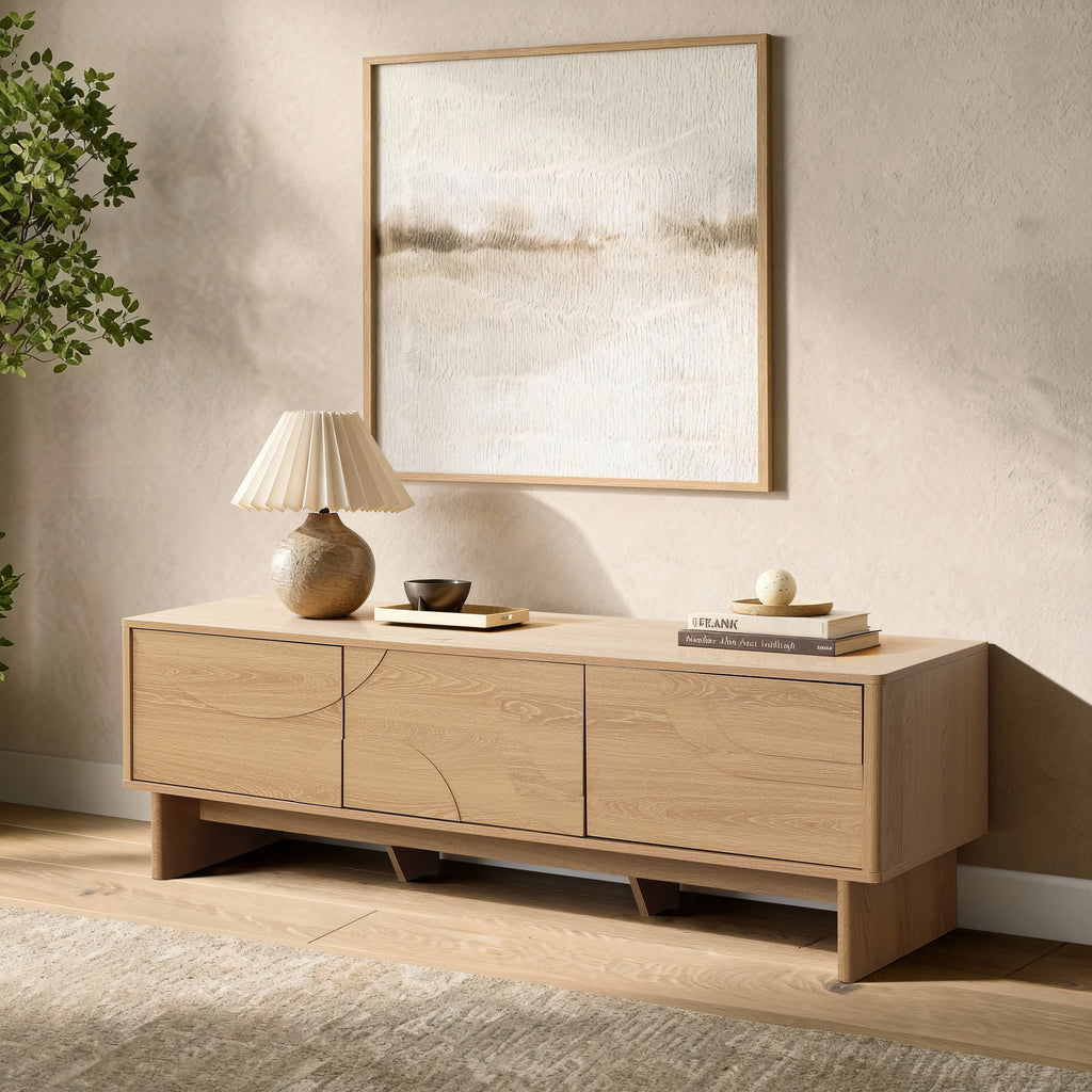 TV Console with 3 Doors, Geometric Carved Front, Light Wood Finish