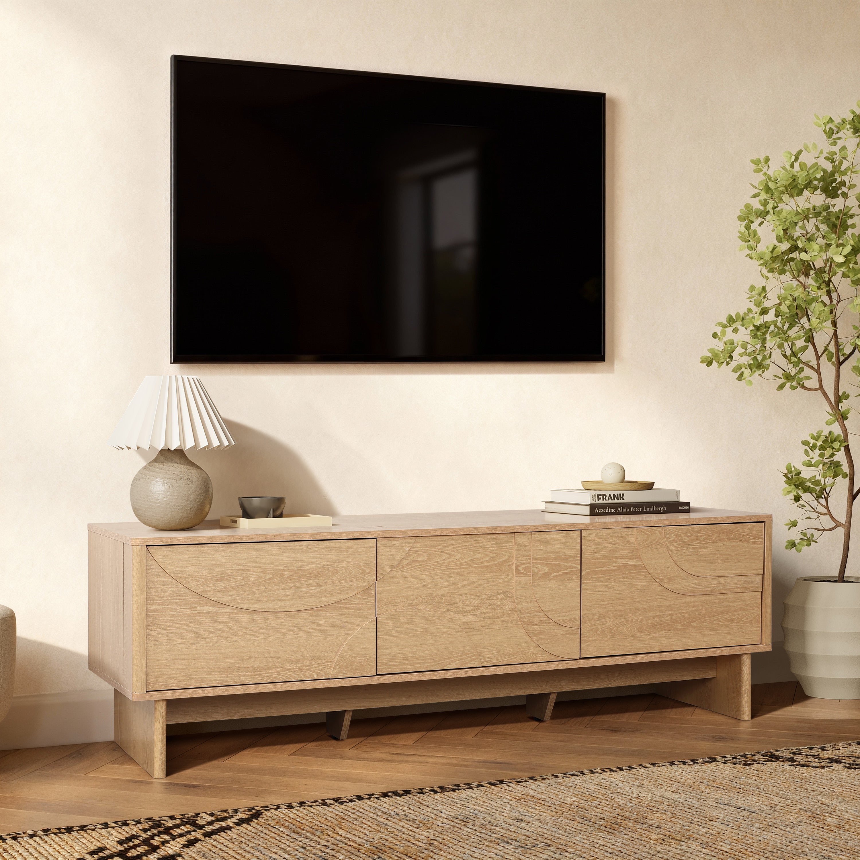 TV Console with 3 Doors, Geometric Carved Front, Light Wood Finish